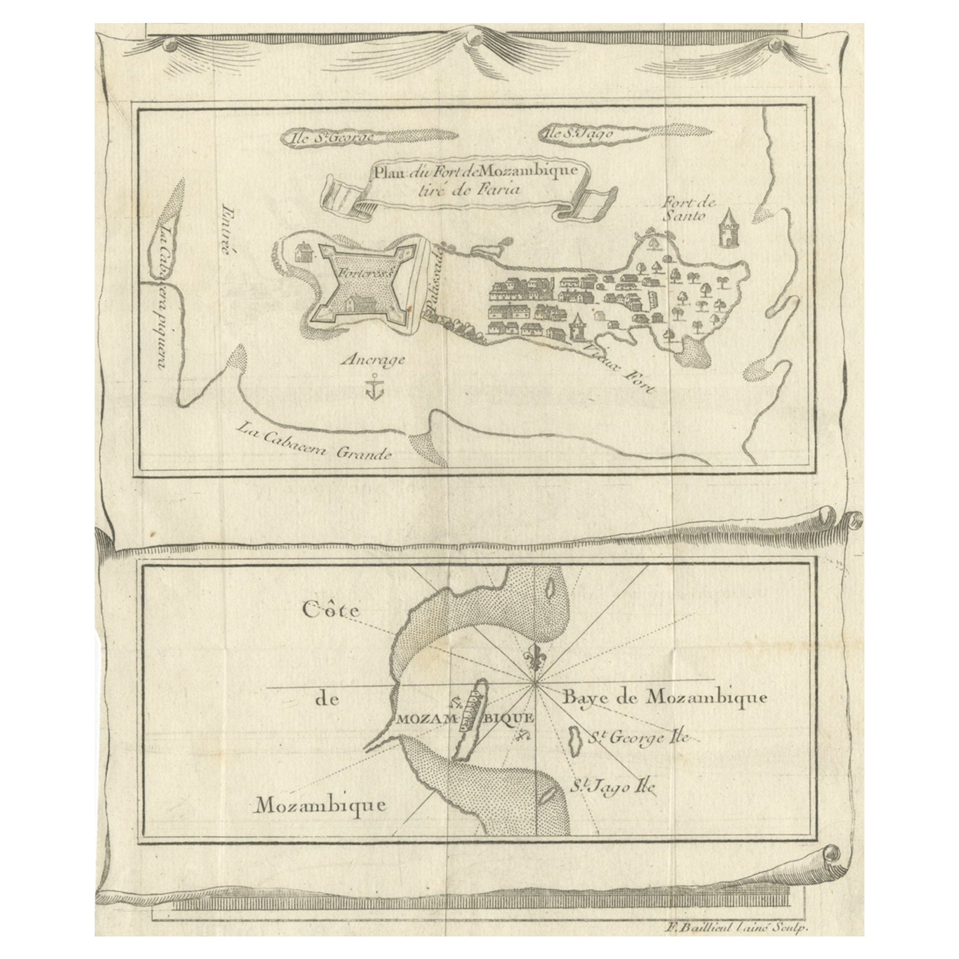 Carte ancienne du Fort Mozambique et de la baie du Mozambique en Afrique, vers 1759