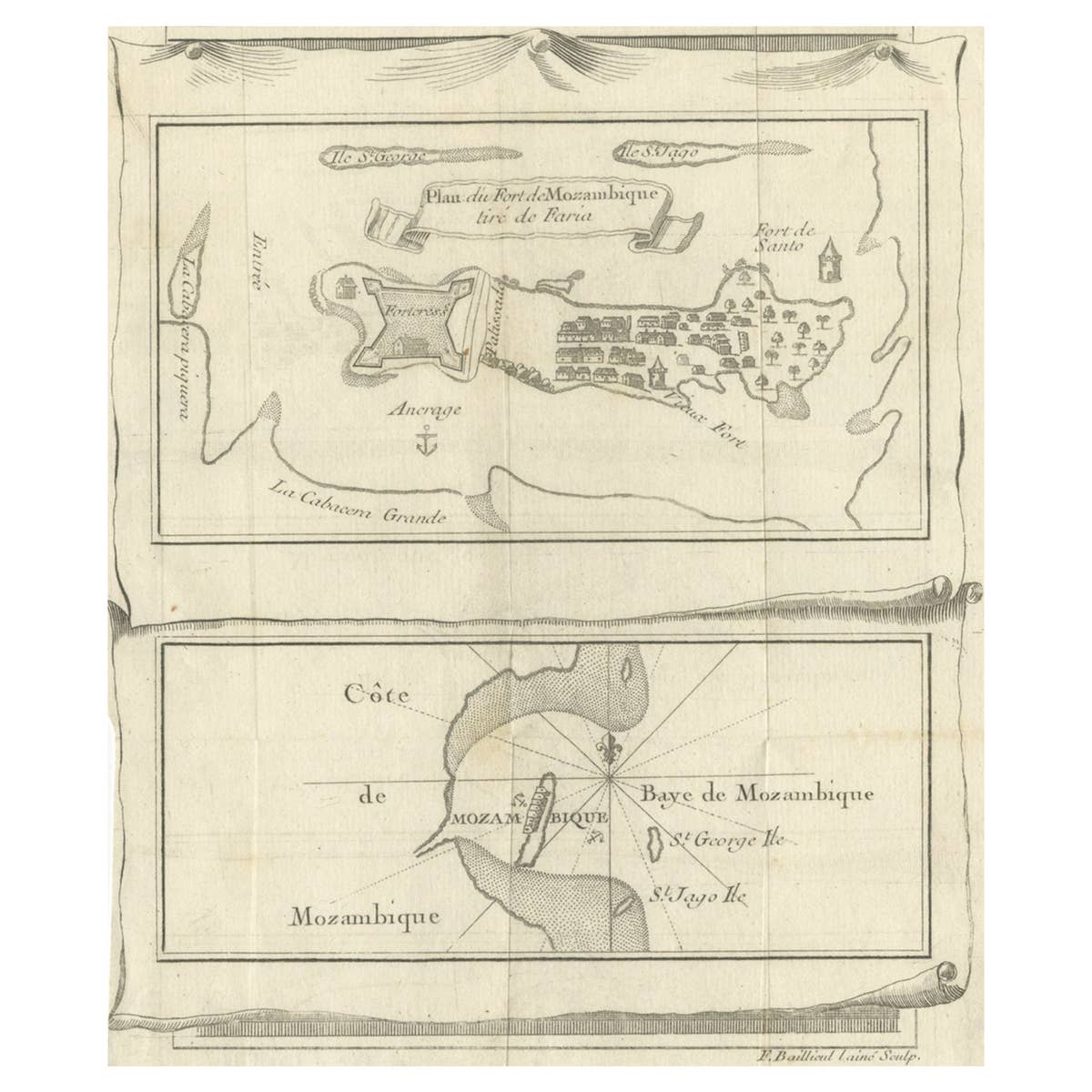 Antique Map of Fort Mozambique and Mozambique Bay in Africa, c.1759
