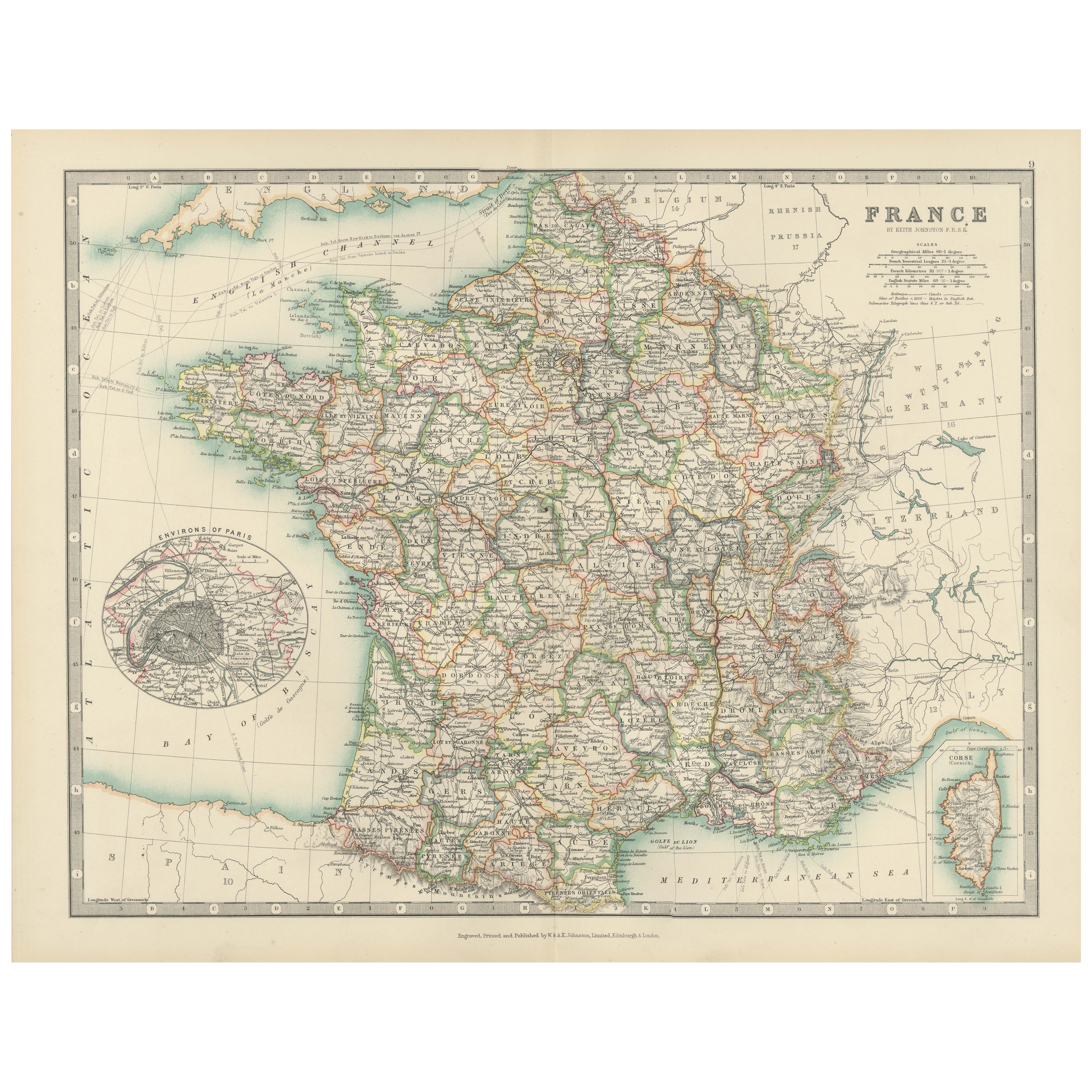 Carte de France ancienne, 1903, avec insertion de Paris et de la Corse