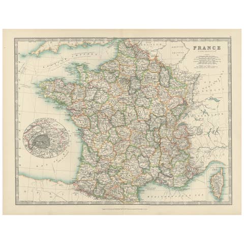 Antique Map of France, 1903, with Inset of Paris and Corsica