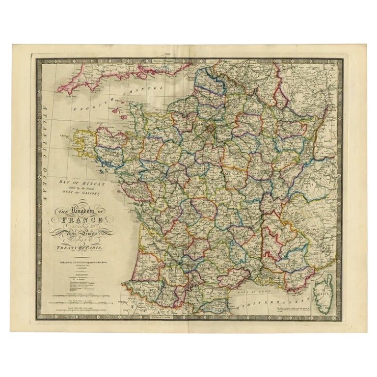 Carte ancienne de France d'après le traité de Paris de 1815, publiée en 1854