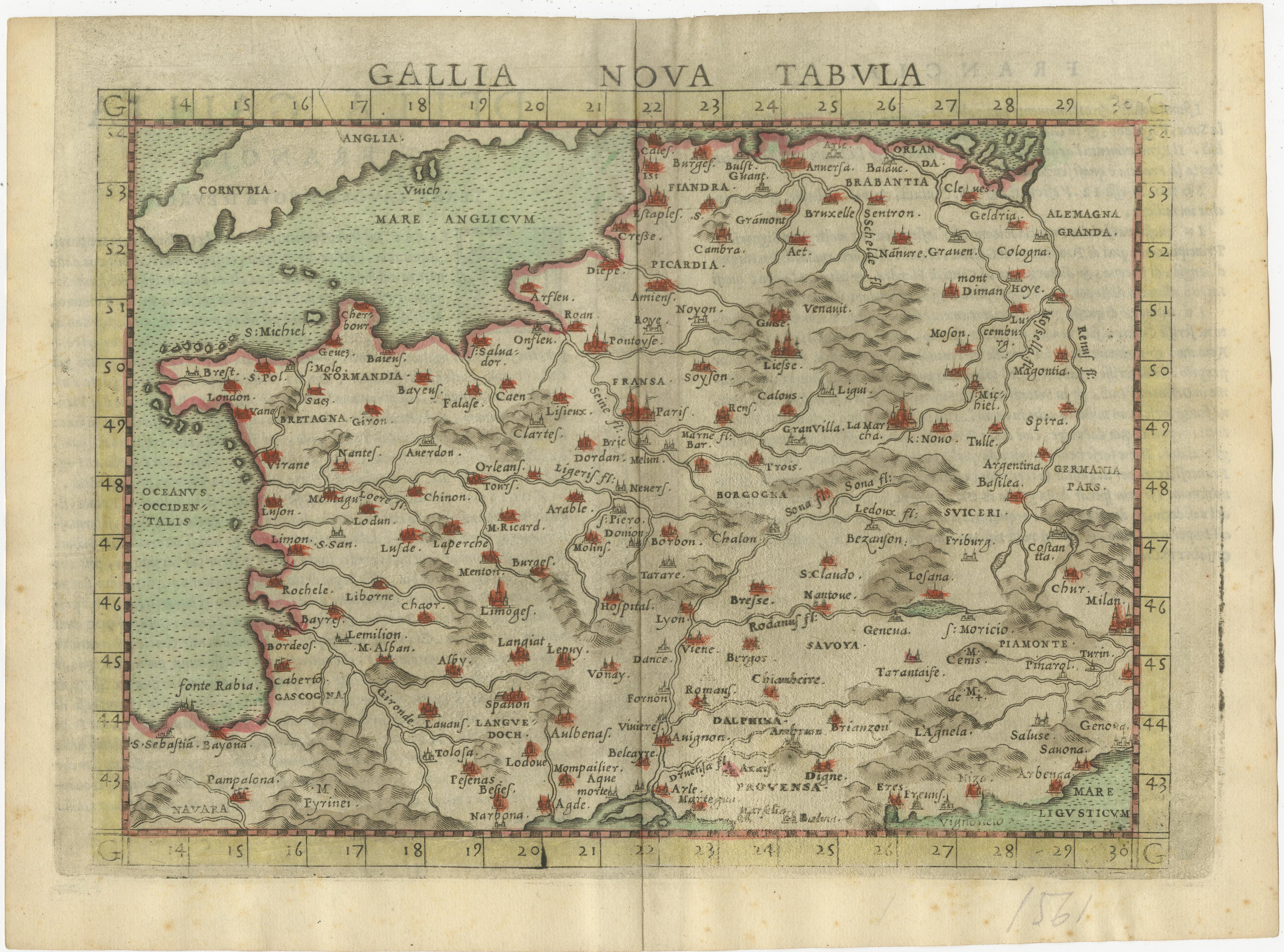 Antique map titled 'Gallia Nova Tabula'. Ruscelli's map of France. This map originates from 'Espositione & introduttioni universali di Gir. Ruscelli sopra tutta la Geografia di Tolomeo (..)' published by Girolamo Ruscelli, 1561.

Girolamo Ruscelli