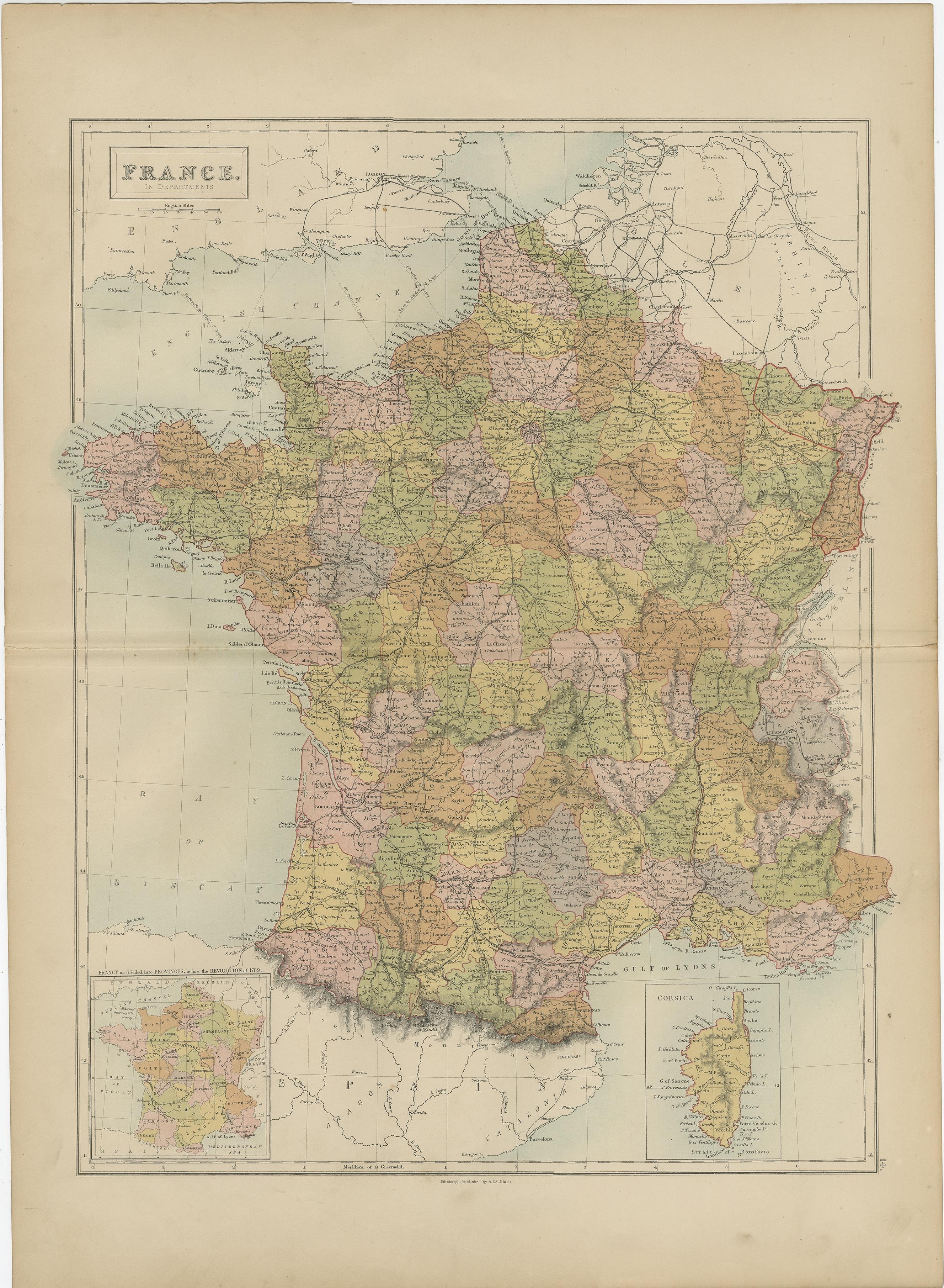 Carte ancienne de la France par A & C. Black, 1870 Bon état - En vente à Langweer, NL
