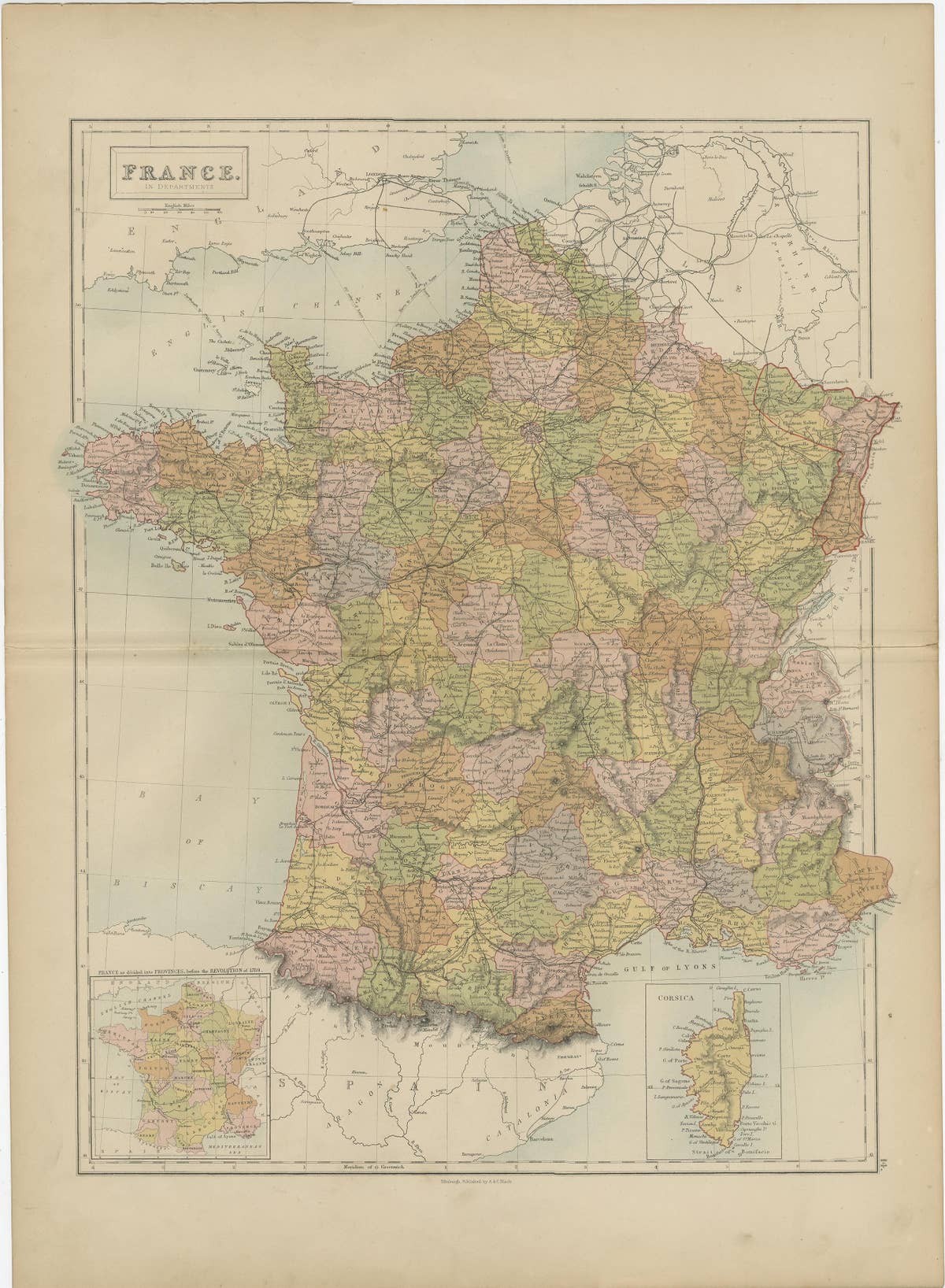 Antique Map of France by A & C. Black, 1870