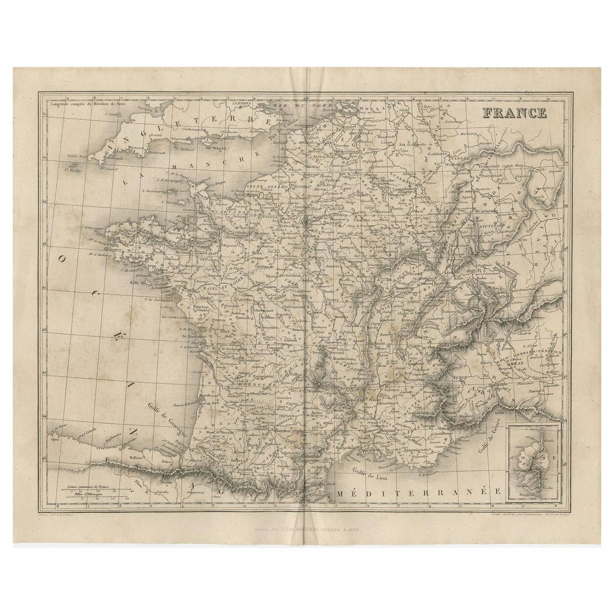 Antique Map of France by Balbi '1847'