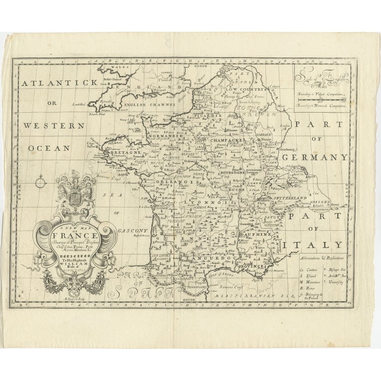 Antique map titled 'A New Map of France (..)'. 

Original antique map of France. It covers all of France and parts of Belgium and Switzerland. This map originates from 'A new sett of maps both of antient and present Geography (..)' by Edward