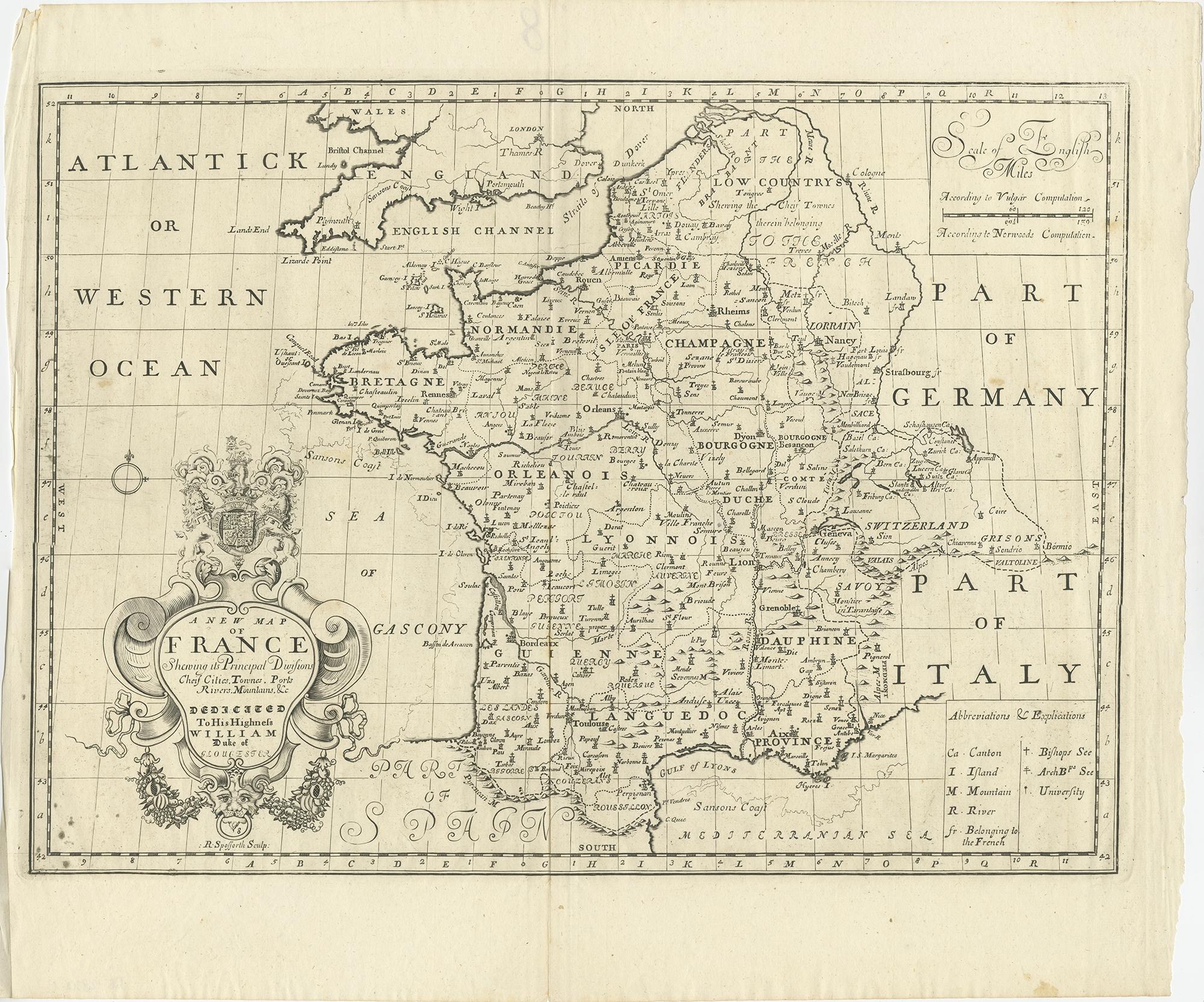Paper Antique Map of France by British Mapmaker Wells, c.1710 For Sale