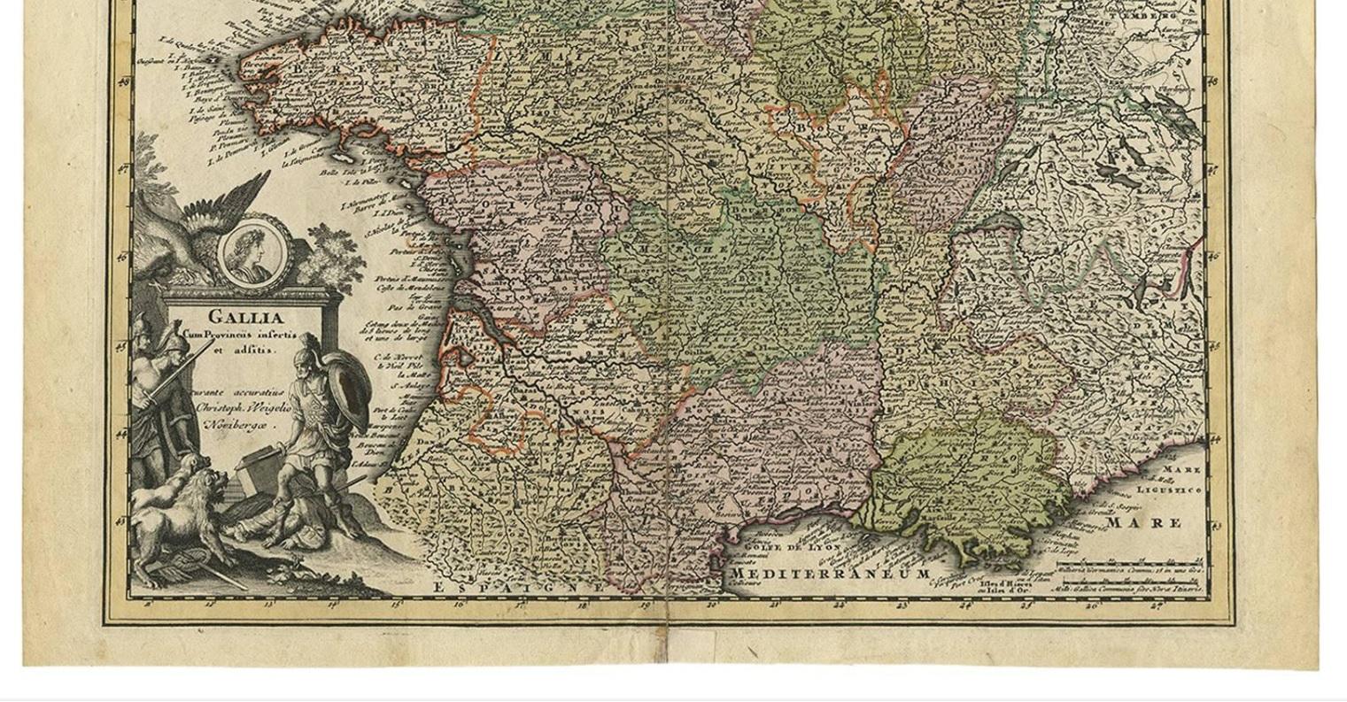 Antique map titled 'Gallia'. 

This highly detailed map shows France divided up into its provinces. The map provides a lot of information on place names, rivers, mountains, etc. The cartographer Christoph Weigel worked circa 1719 in Nürnberg and his