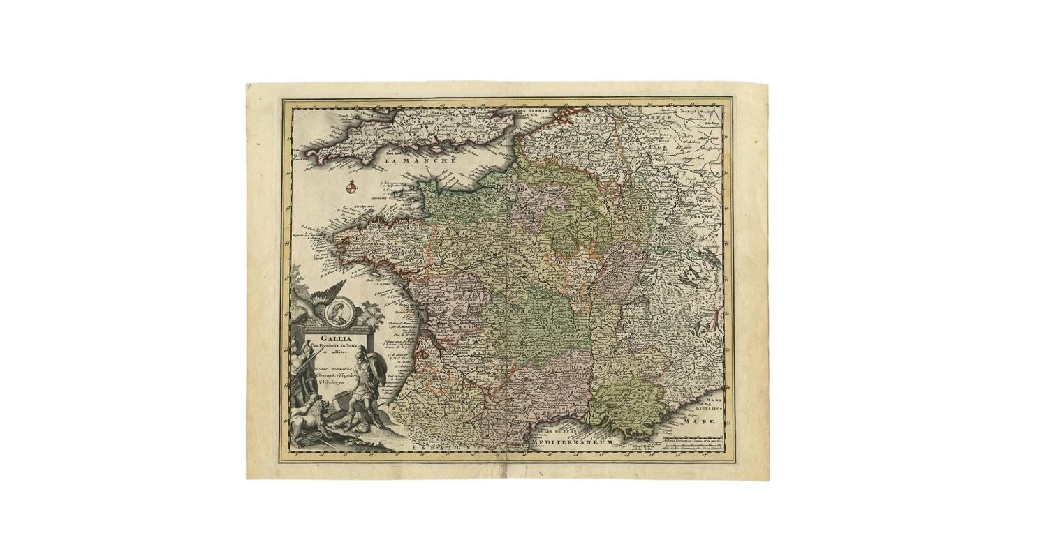 18th Century Original High Detailed Antique Map of France by C. Weigel, 1719