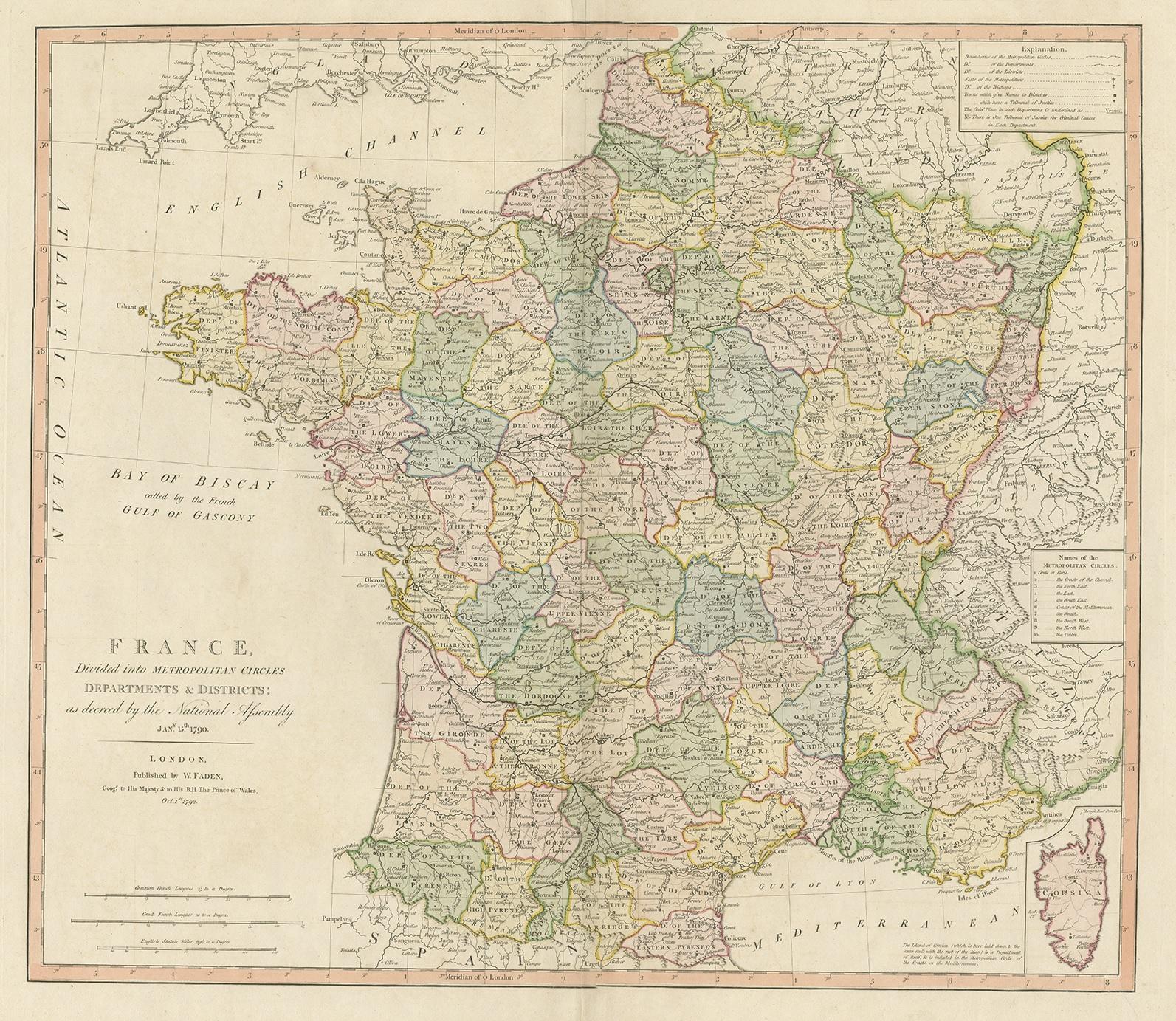 Antique map titled 'France divided into Metropolitan Circles (..)'. Large, original antique map of France, with a small inset of the island of Corsica. Published by W. Faden, 1792.