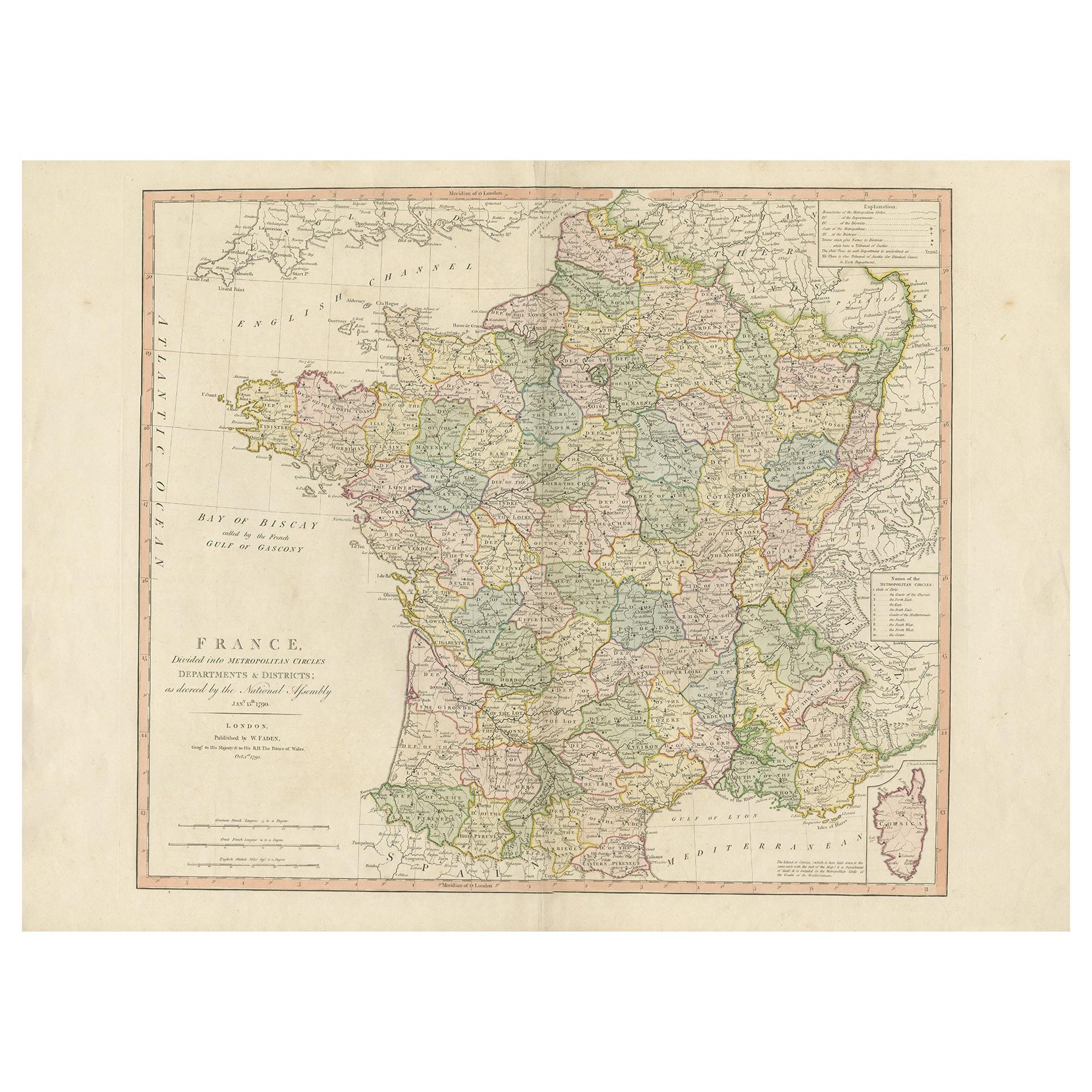 Carta geografica antica della Francia di Faden del 1792