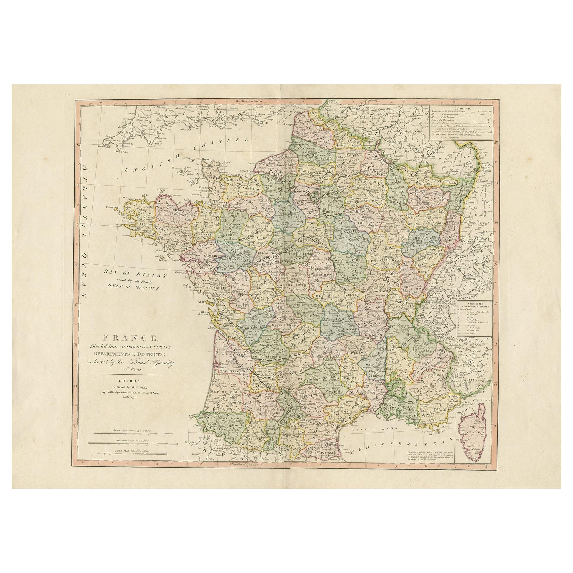 Antique Map of France by Faden '1792' For Sale