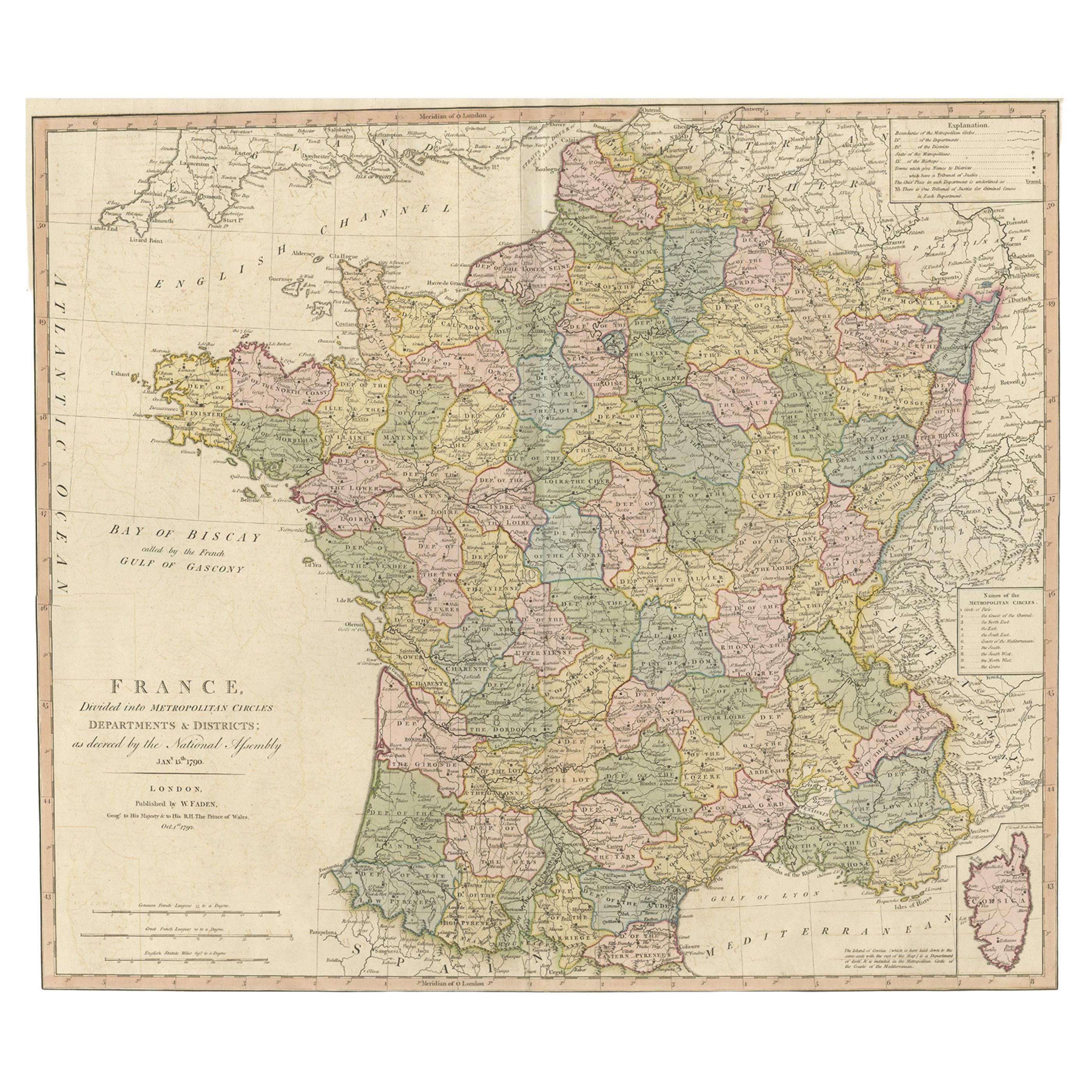 Antique Map of France by Faden, 1792 For Sale