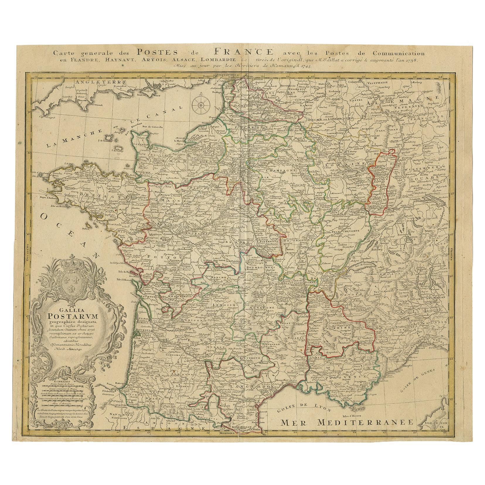 Antique Map of France by Homann Heirs, c.1745 For Sale