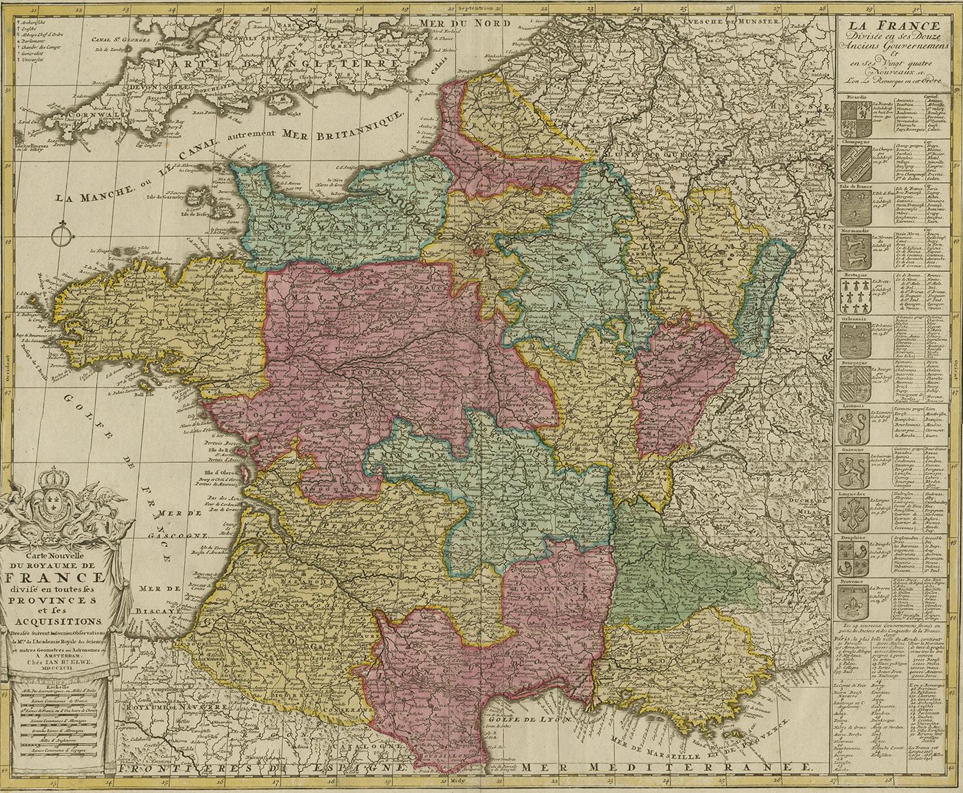 Antique map titled 'Carte Nouvelle du Royaume de France'. Beautiful antique map of France, including the Southern part of England. Decorated with cartouche and 12 coats of arms.
 