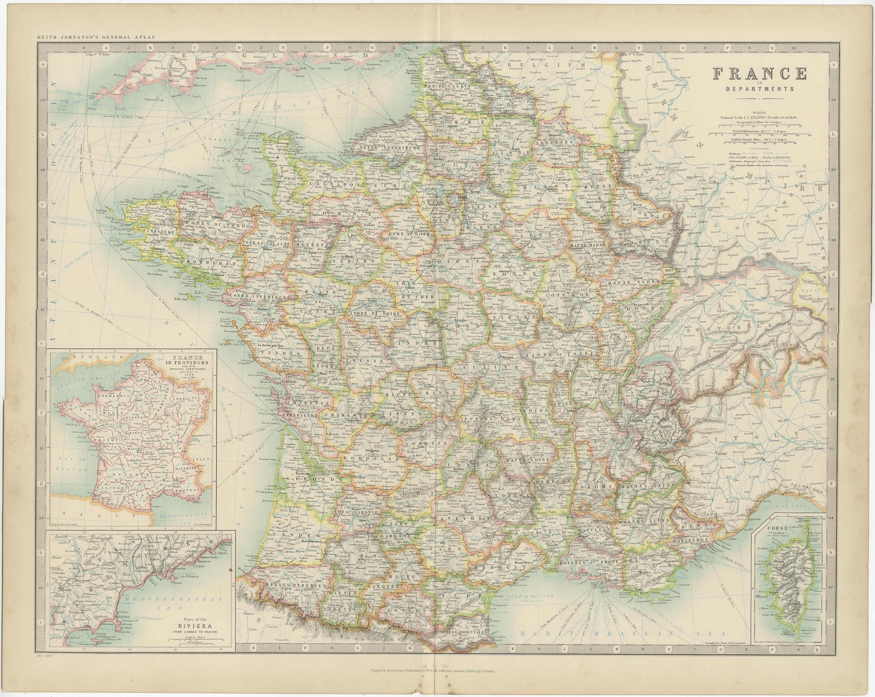 Antique map titled 'France'. Original antique map of France. With inset maps of France in provinces, part of the Riviera and Corsica. This map originates from the ‘Royal Atlas of Modern Geography’. Published by W. & A.K. Johnston, 1909.