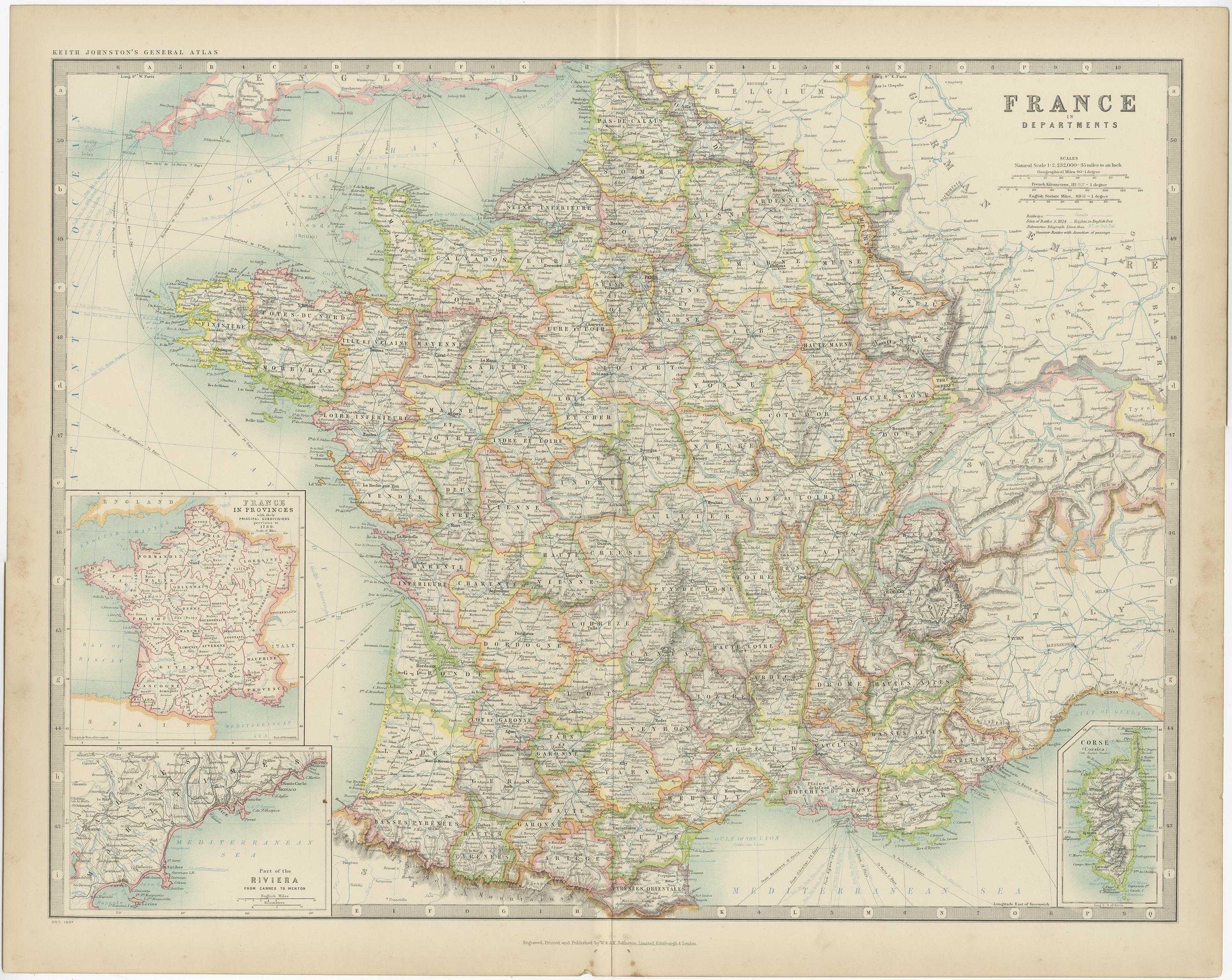 Antike französische Karte von Frankreich von Johnston (1909) (20. Jahrhundert) im Angebot