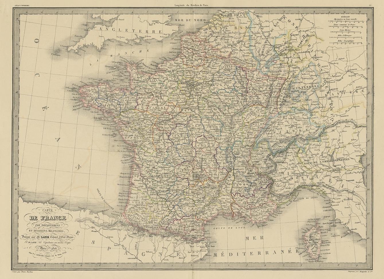 Antique map titled 'Carte de France'. Map of France. This map originates from 'Atlas universel de géographie ancienne et moderne (..)' by Pierre M. Lapie and Alexandre E. Lapie. Pierre M. Lapie was a French cartographer and engraver. He was the