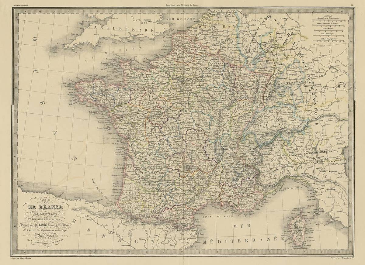 Antique Map of France by Pierre M. Lapie, Mid-19th Century Print