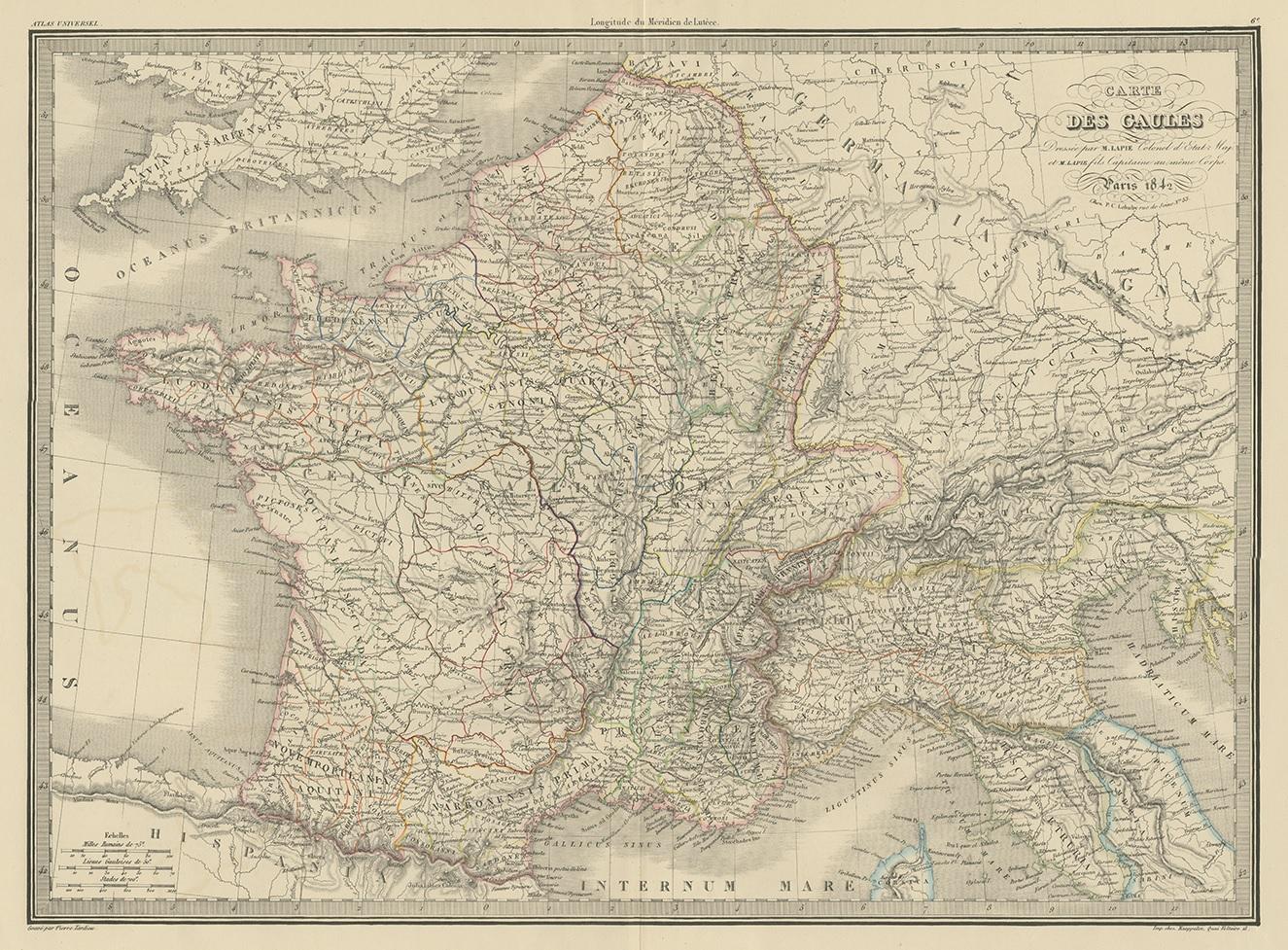 Antique map titled 'Carte des Gaules'. Map of France. This map originates from 'Atlas universel de géographie ancienne et moderne (..)' by Pierre M. Lapie and Alexandre E. Lapie. Pierre M. Lapie was a French cartographer and engraver. He was the