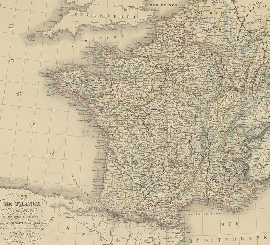 Antique Map of France by Lapie, 1842 In Good Condition For Sale In Langweer, NL