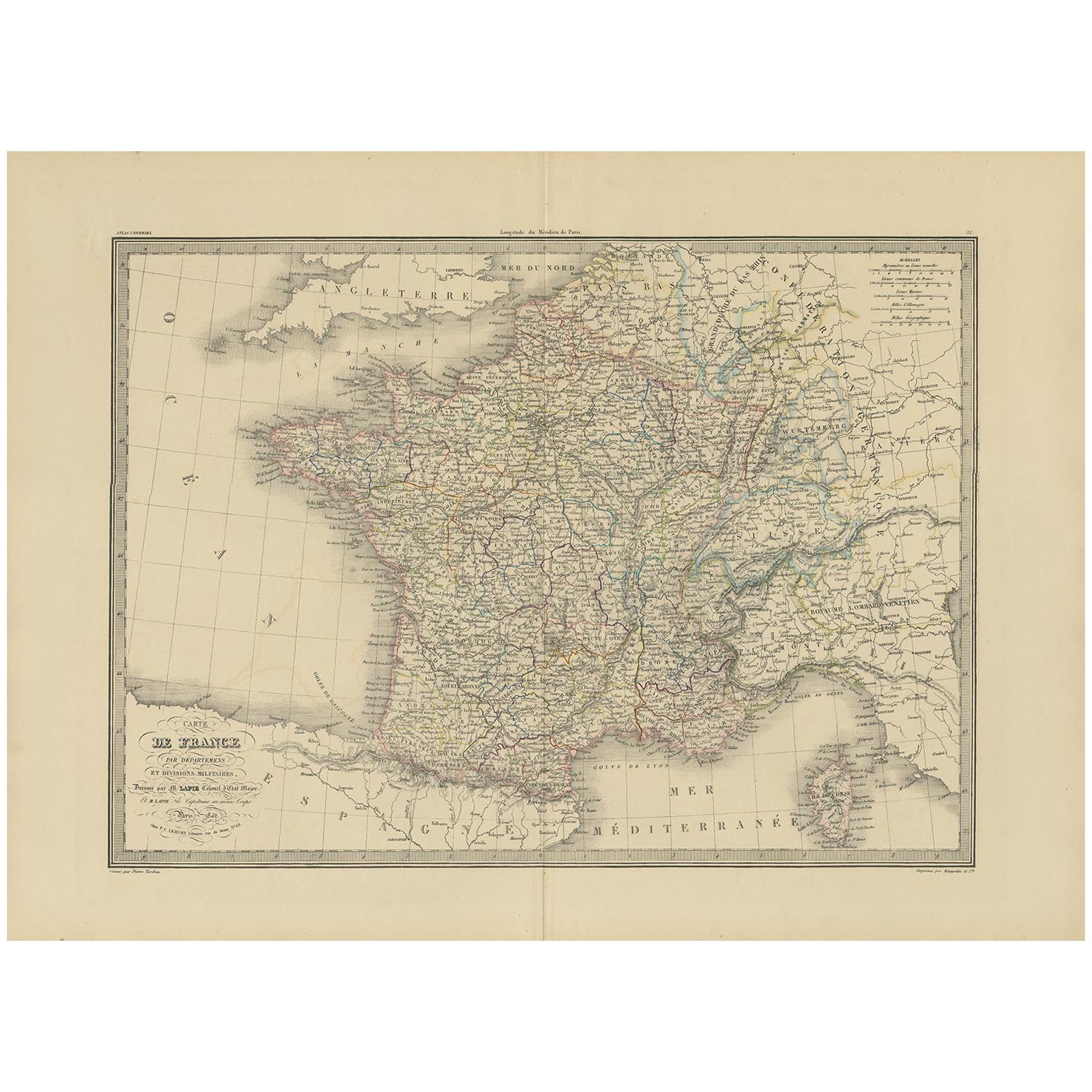 Antique Map of France by Lapie, 1842 For Sale