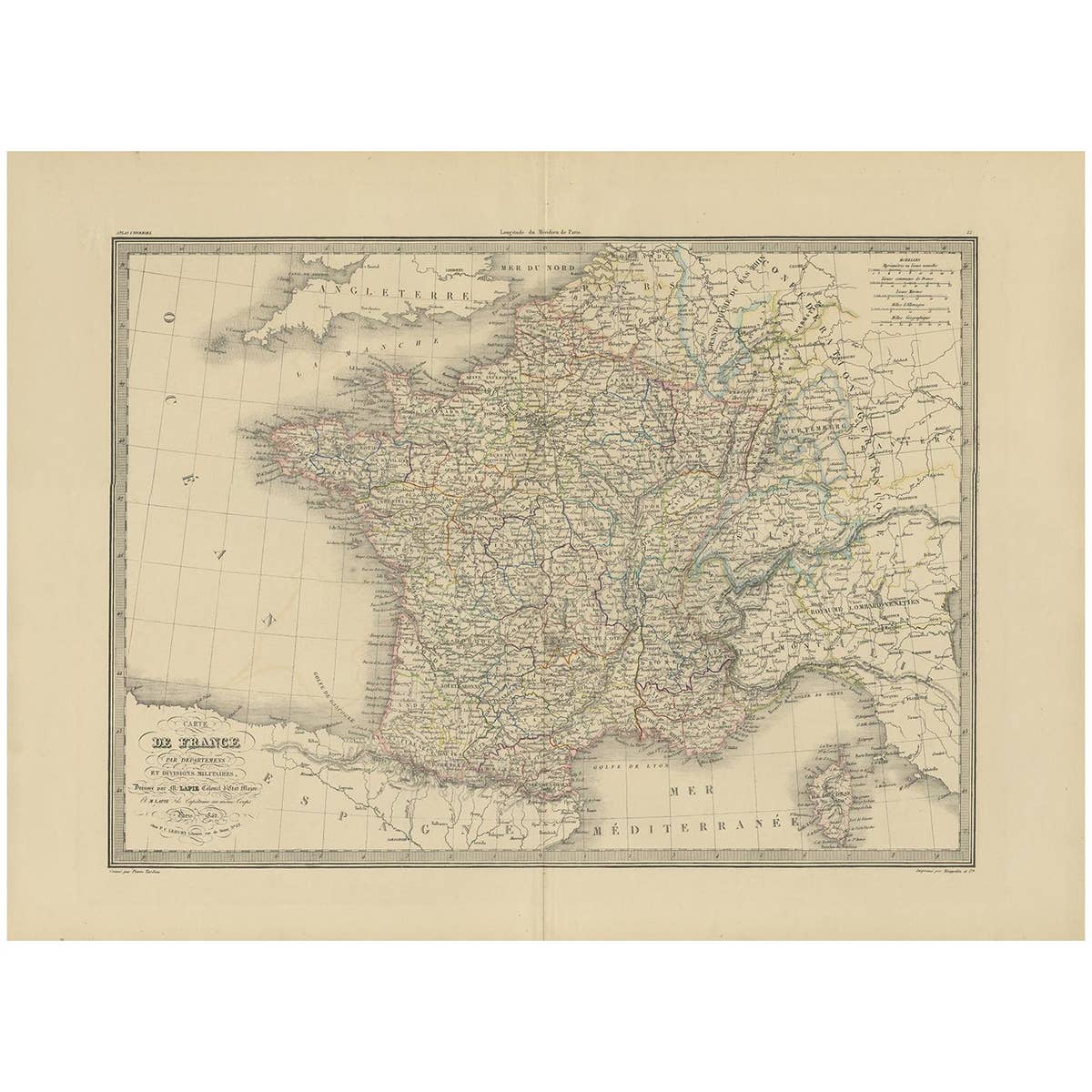 Antique Map of France by Pierre M. Lapie, Mid-19th Century Print