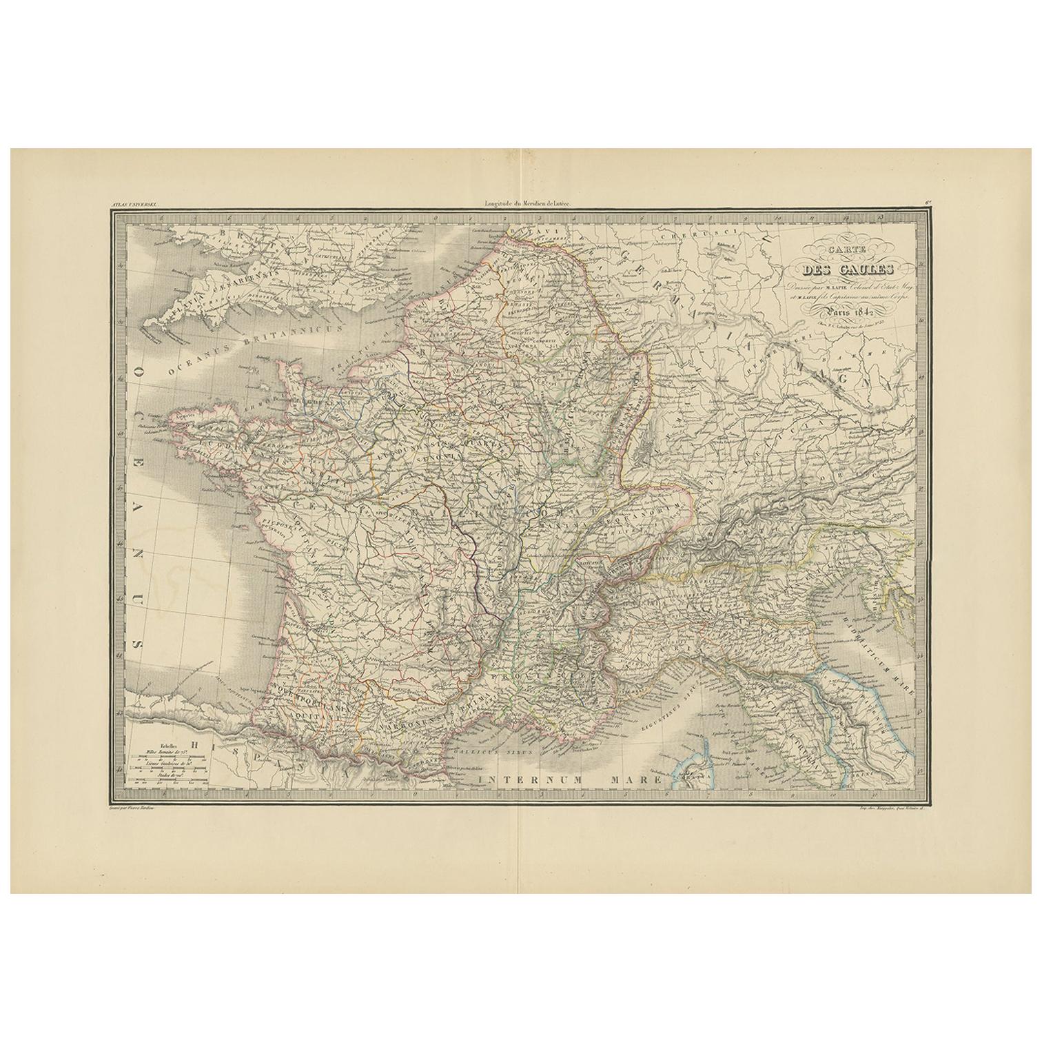 Antique Map of France by Lapie, 1842 For Sale