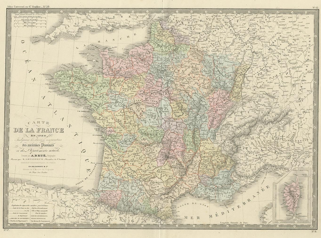Antique map titled 'Carte de la France en 1780'. Large map of France. This map originates from 'Atlas de Géographie Moderne Physique et Politique' by A. Levasseur. Published 1875.