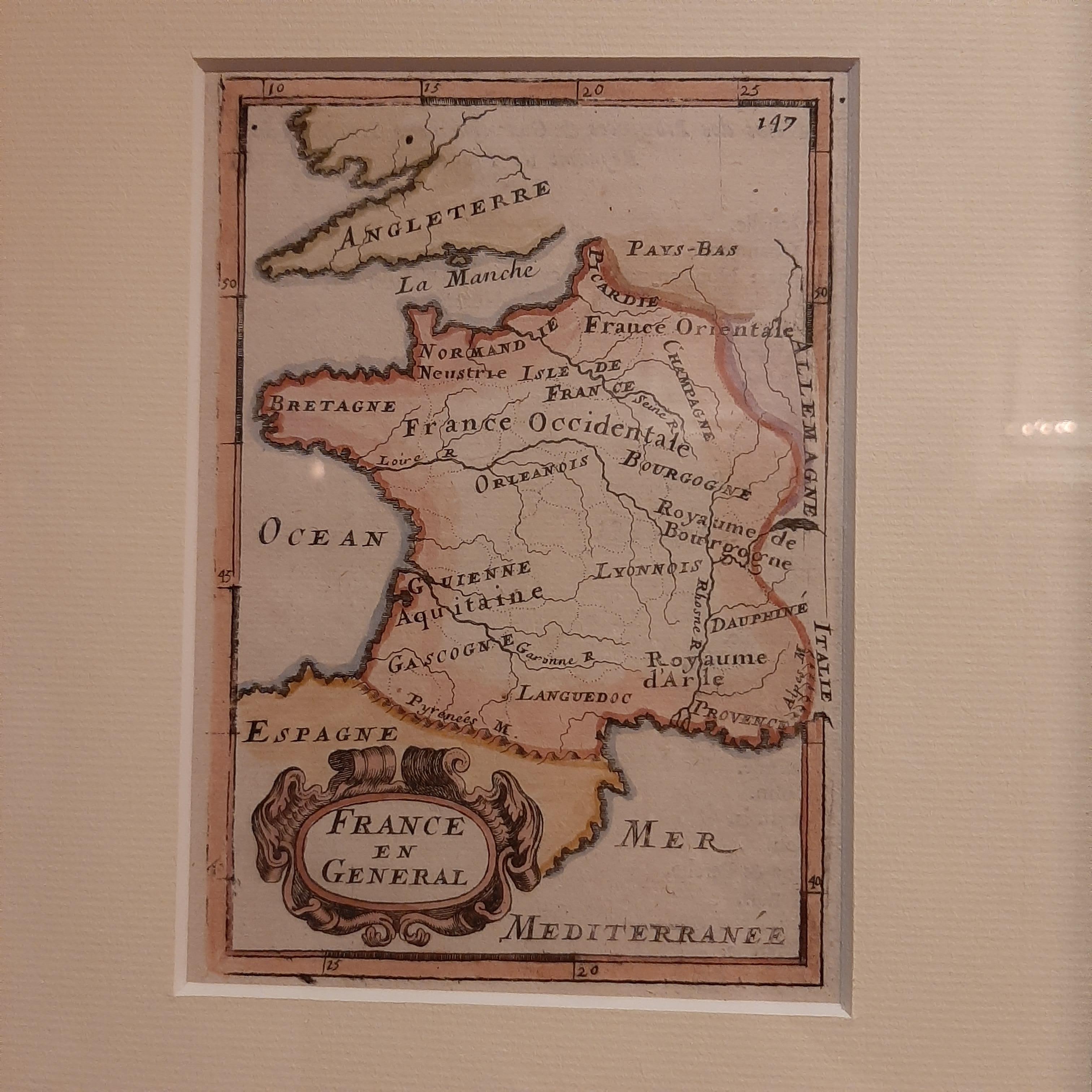 Antique map titled 'France en General'. Detailed miniature map of France. Originates from Mallet's 'Description de l'Univers'.

Frame included. We carefully pack our framed items to ensure safe shipping.