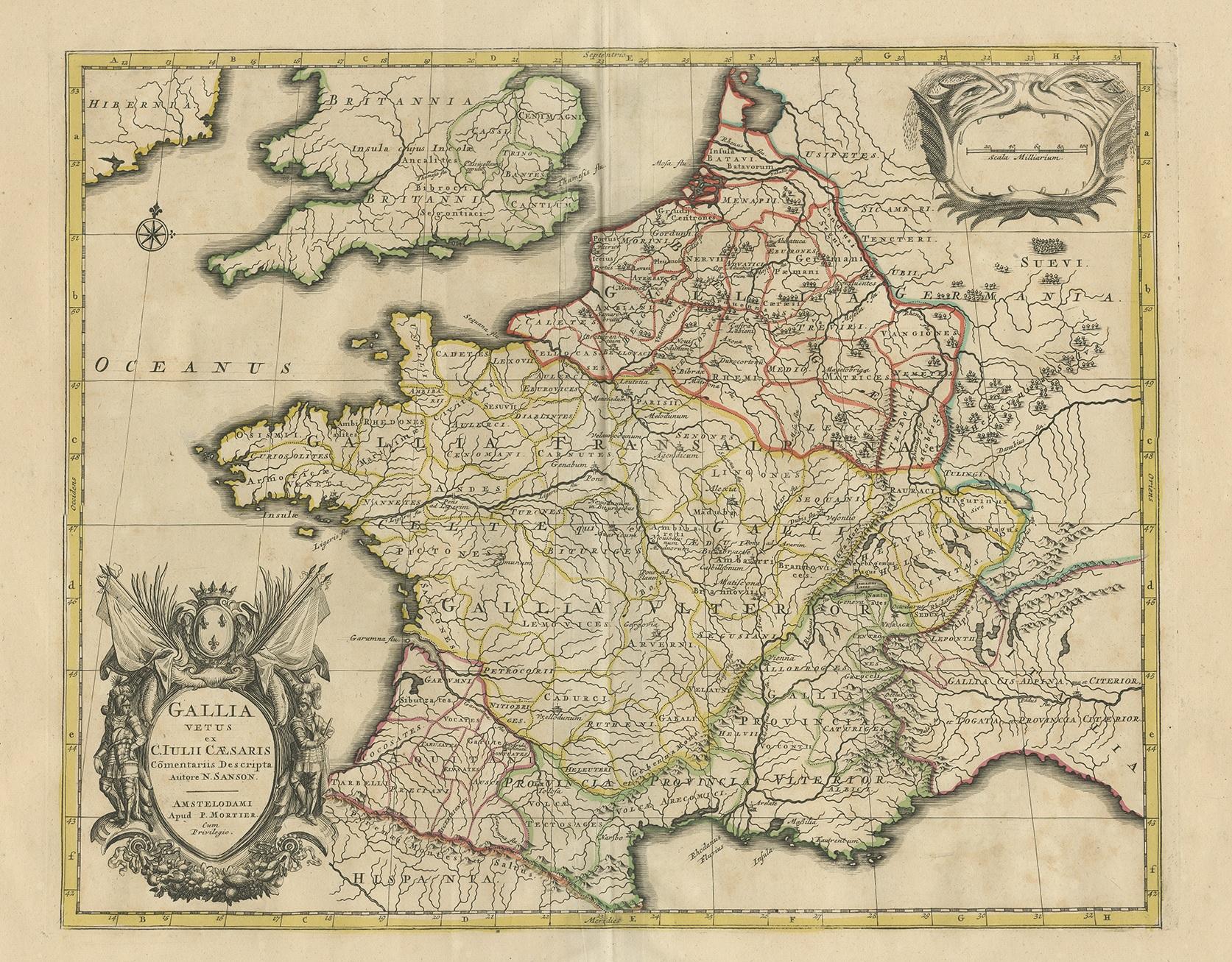 Antike Karte mit dem Titel 'Gallia vetus ex C. Iulii Caesaris (..)'. Original antike Landkarte von Frankreich. Herausgegeben von P. Mortier, ca. 1710.