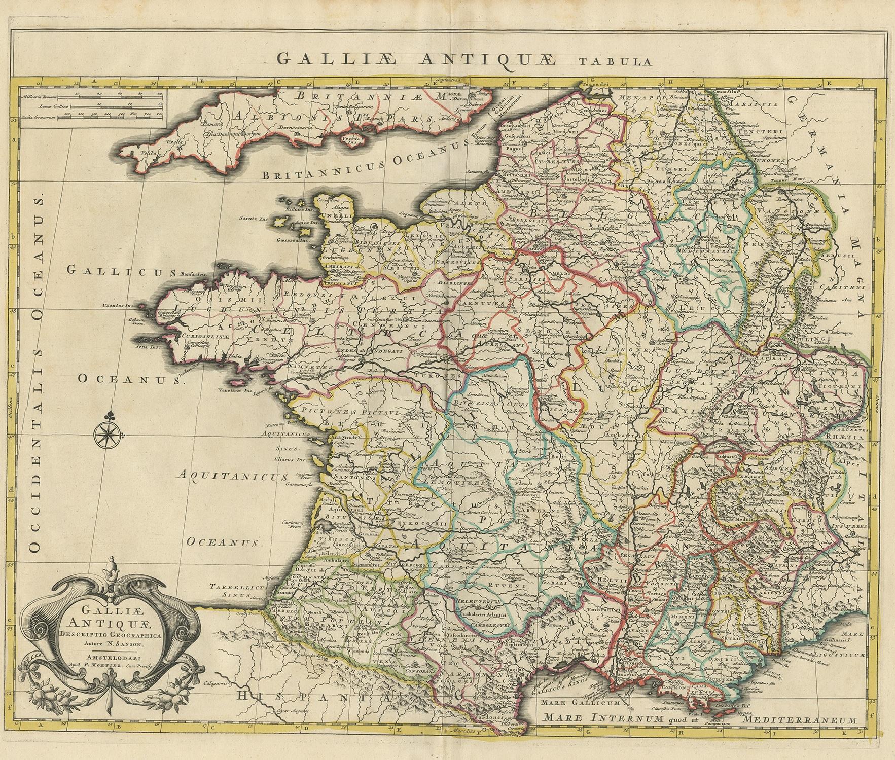 Antique map titled 'Galliae Antiquae Tabula'. Original antique map of France in ancient times. Published by P. Mortier, circa 1730.