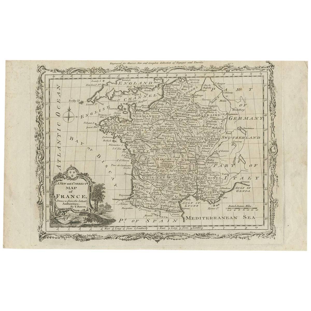 Antique Map of France by T. Bowen, Paper Engraving, Late 18th Century