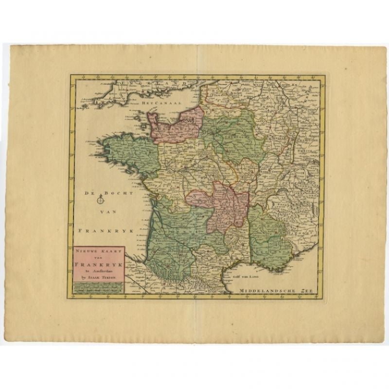 Antique map titled 'Nieuwe Kaart van Frankryk.' - Attractive detailed map showing France. Title in block-style cartouche with a simple compass rose. Source unknown, to be determined.

Artists and Engravers: Isaak Tirion, a Dutch publisher in
