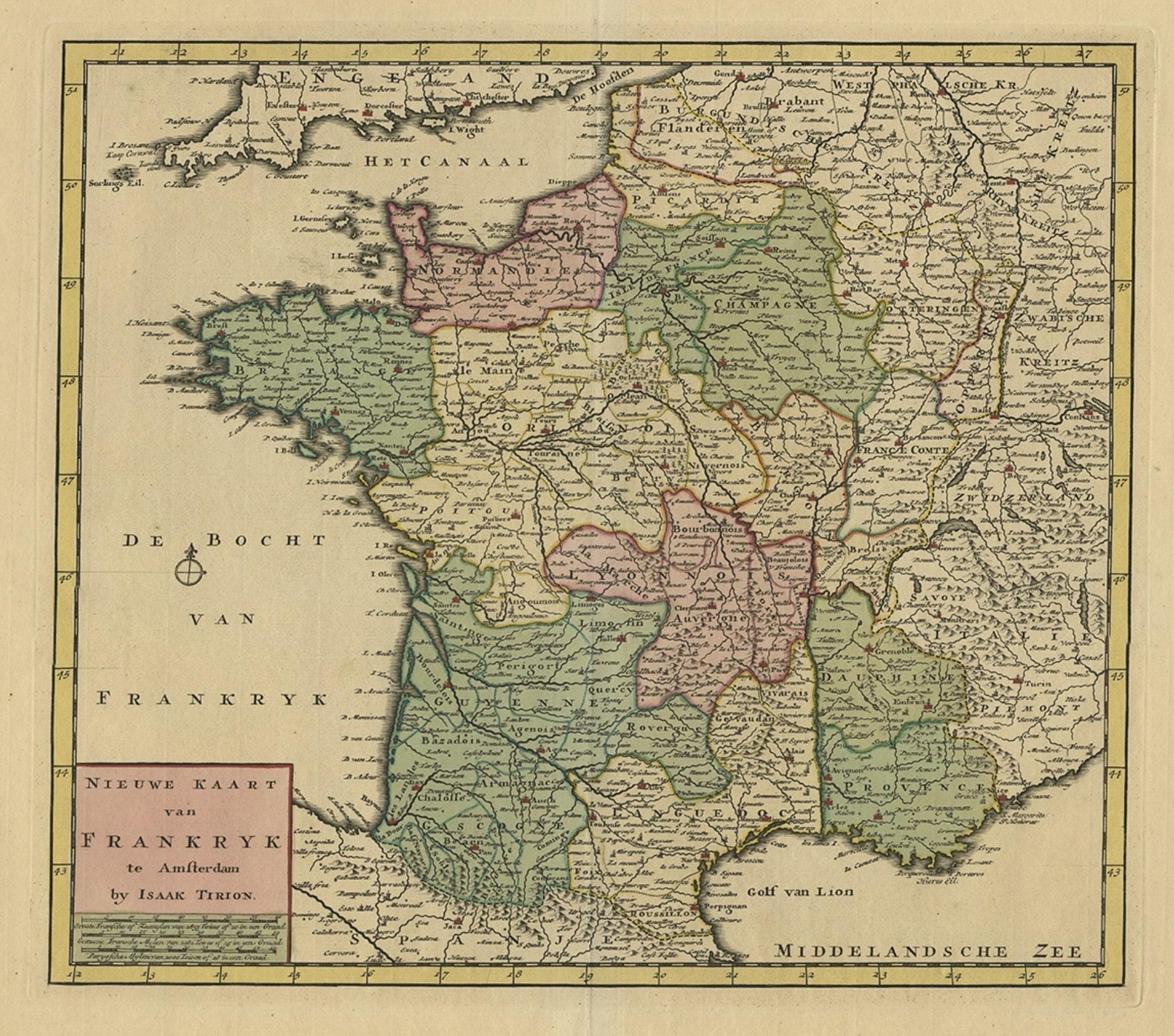 Papier Carte ancienne de la France par Tirion, vers 1740 en vente