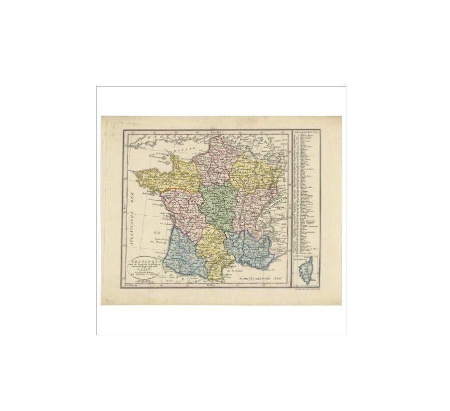 'Frankrijk naar de nieuwste bepalingen meerendeels gevolgd naar Lapie'. Beautiful map of France with an inset map of the island of Corsica. Includes a table with reference to the departments. Engraved by C. van Baarsel & Zoon. Published by F. Bohn,