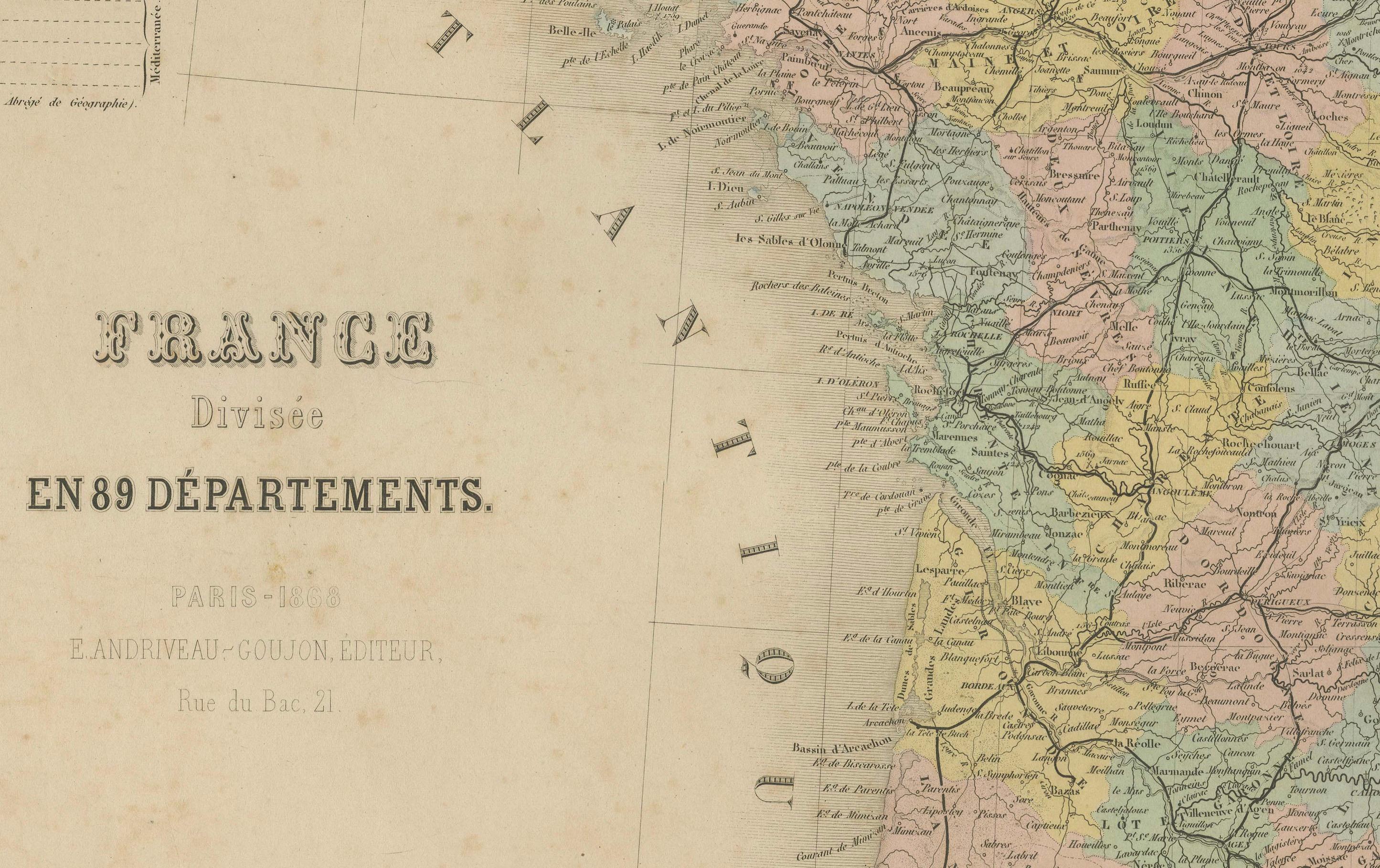 Mapa antiguo de Francia - Dividido en 89 Departamentos por Andriveau-Goujon, 1861 en Bueno estado para la venta en Langweer, NL