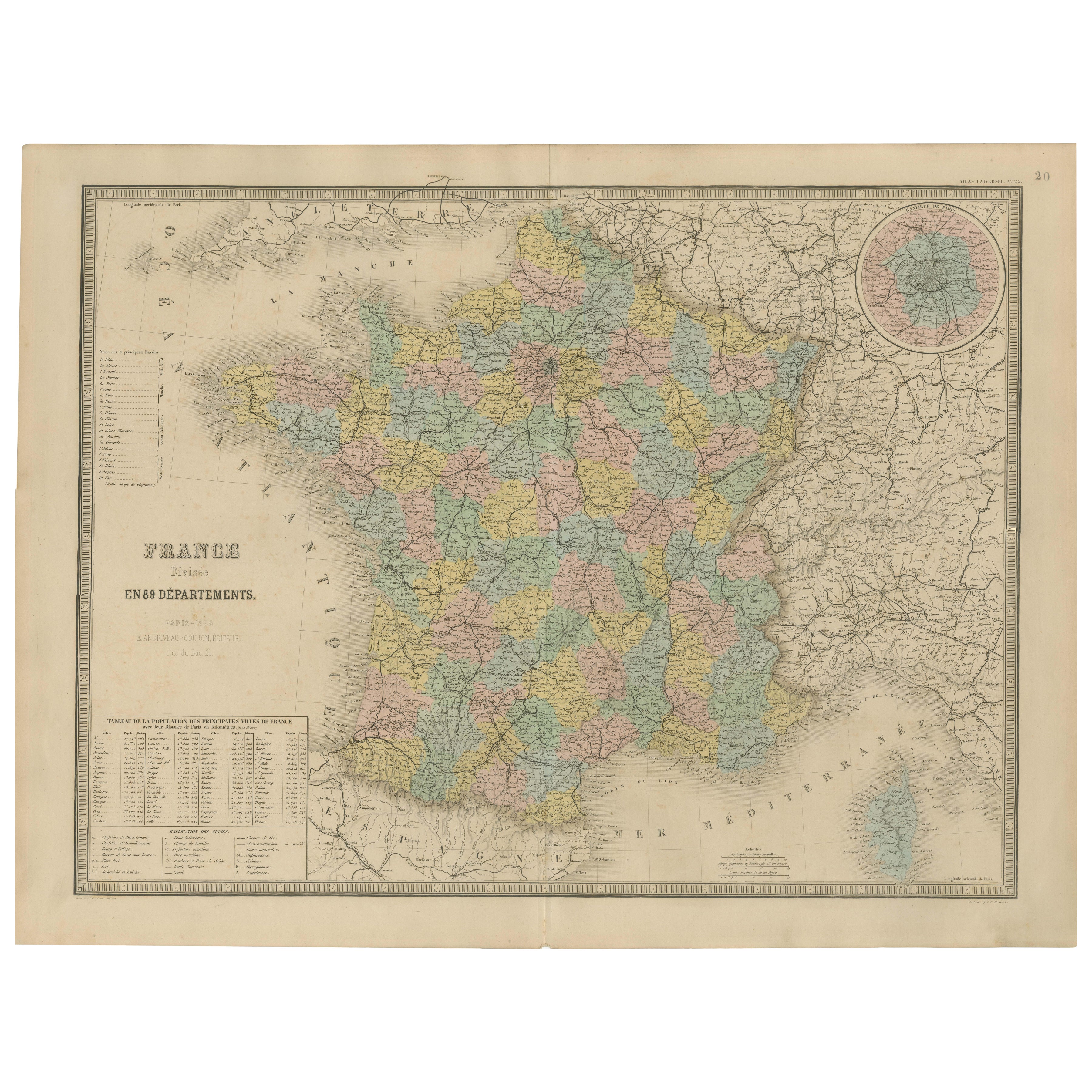Antique Map of France – Divided into 89 Departments by Andriveau-Goujon, 1861