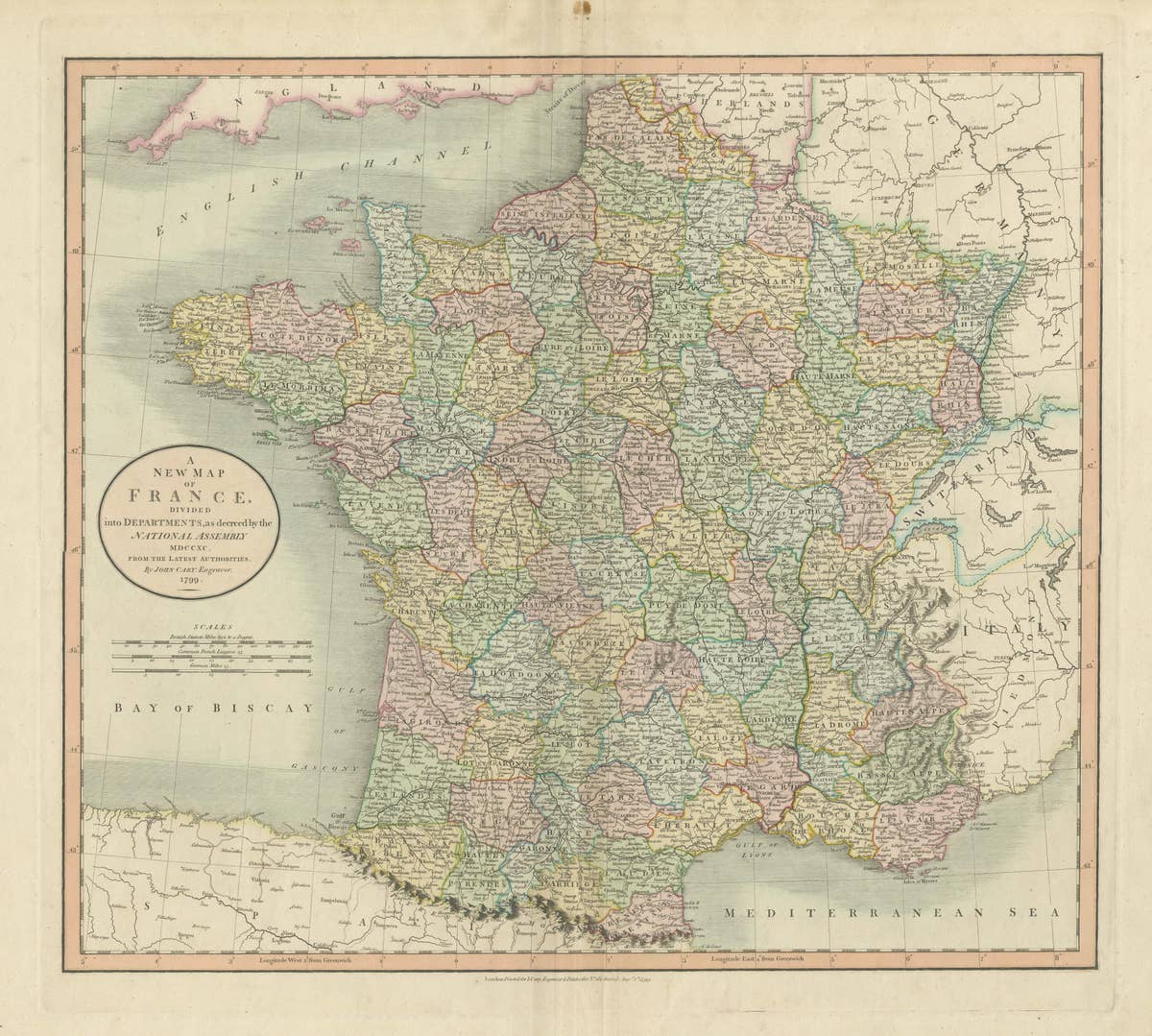 Antique Map of France Divided into Departments, with Original Hand Coloring