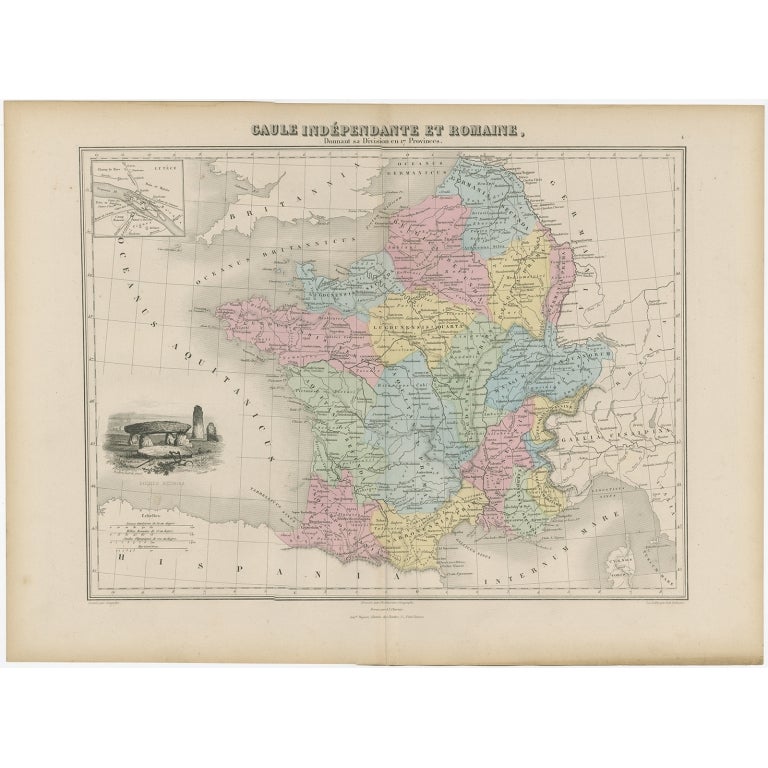 Antique map titled 'Gaule indépendante et Romaine'. 

Old map of Gaul or France in ancient Roman times. The map covers from the southern part of England (Britannia) to the north of Spain and the Mediterranean. It details France under the Roman