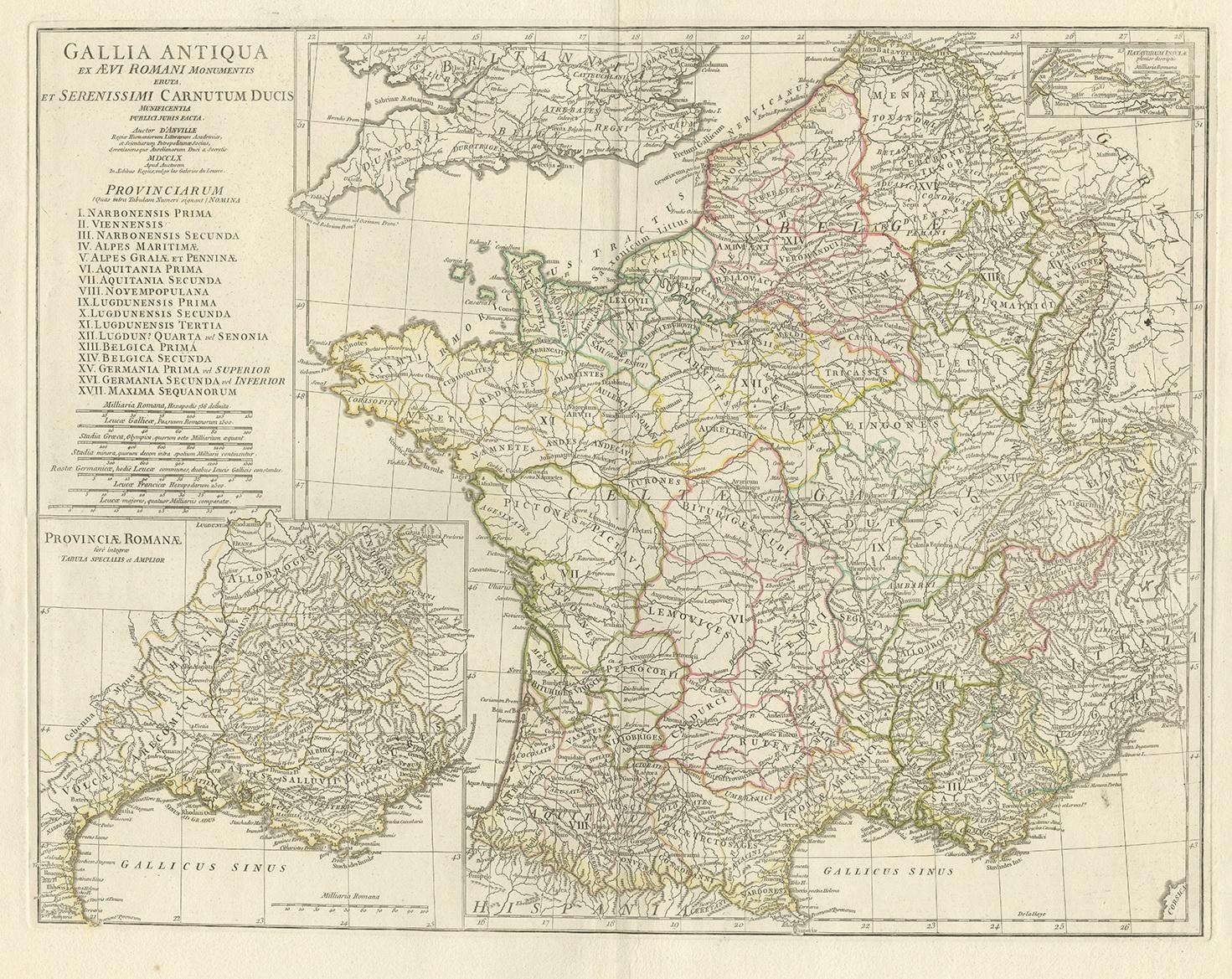 Antike Karte mit dem Titel 'Gallia Antiqua ex Aevi Romani Monumentis (..)'. Große Original-Landkarte von Frankreich zur Zeit der Römer. Unten links zeigt ein großer Ausschnitt die südlichsten römischen Provinzen Galliens. Oben rechts befindet sich