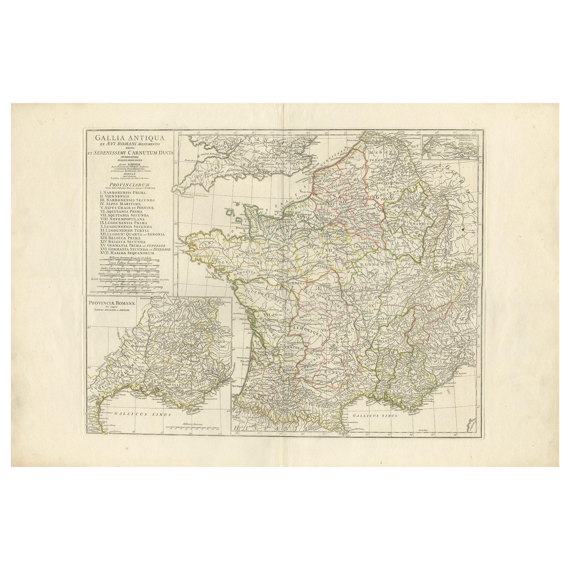 Carte ancienne de la France dans l'Antiquité romaine par d'Anville, vers 1795 en vente
