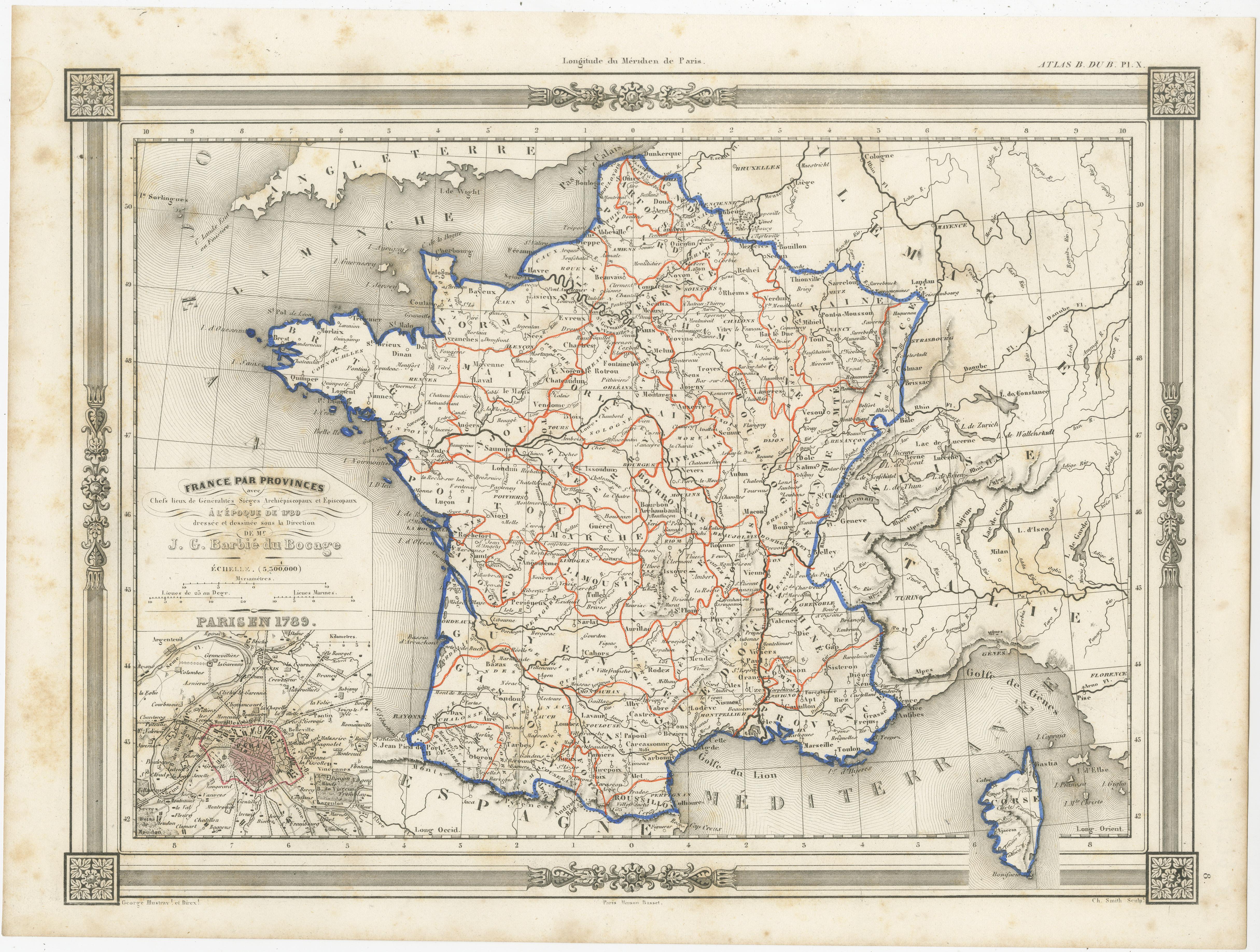 Antique map titled 'France par Provinces'. Original antique map of France in Provinces. It covers from the Flanders in the north to Roussillon in the south and from Brittany in the west to Alsace in the east. Also includes Corsica. An inset on the