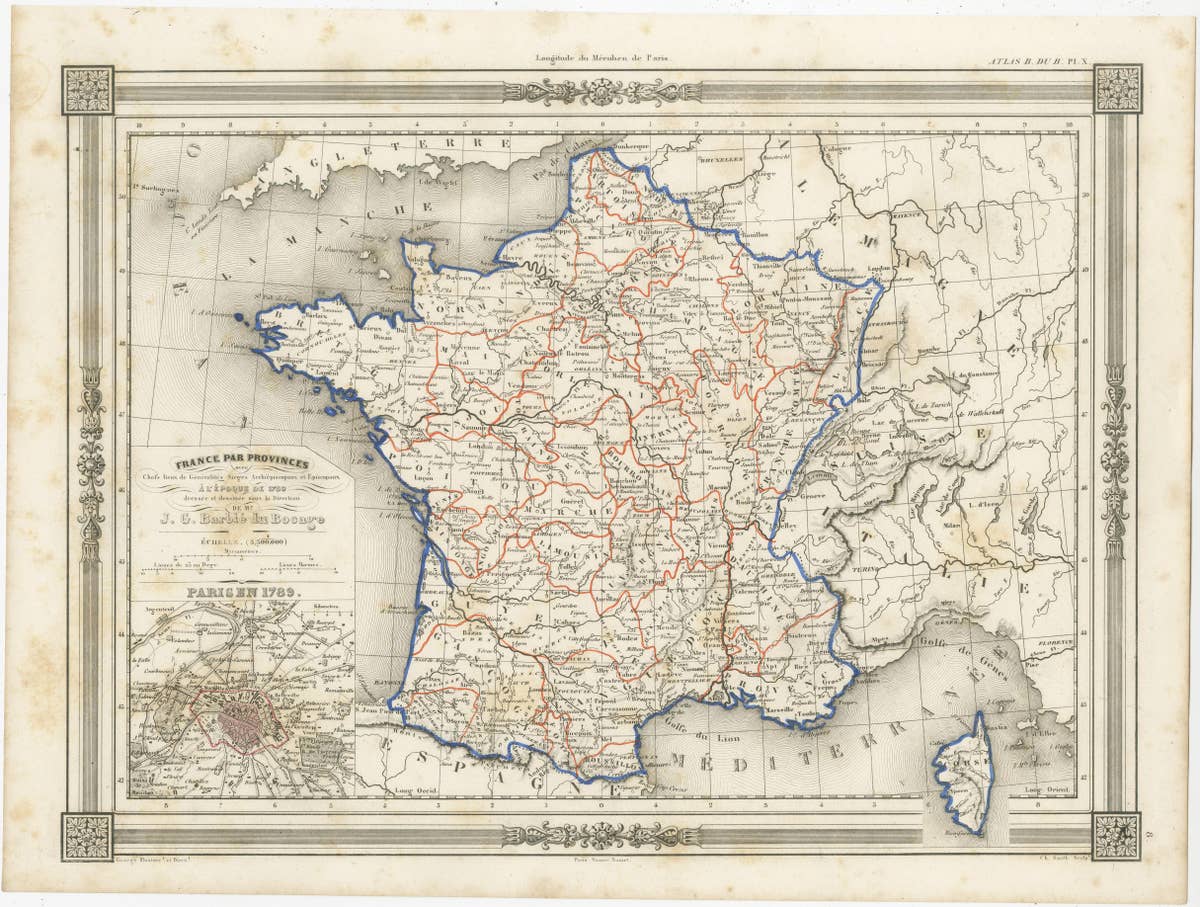 Antique Map of France in Provinces, with Inset of Paris
