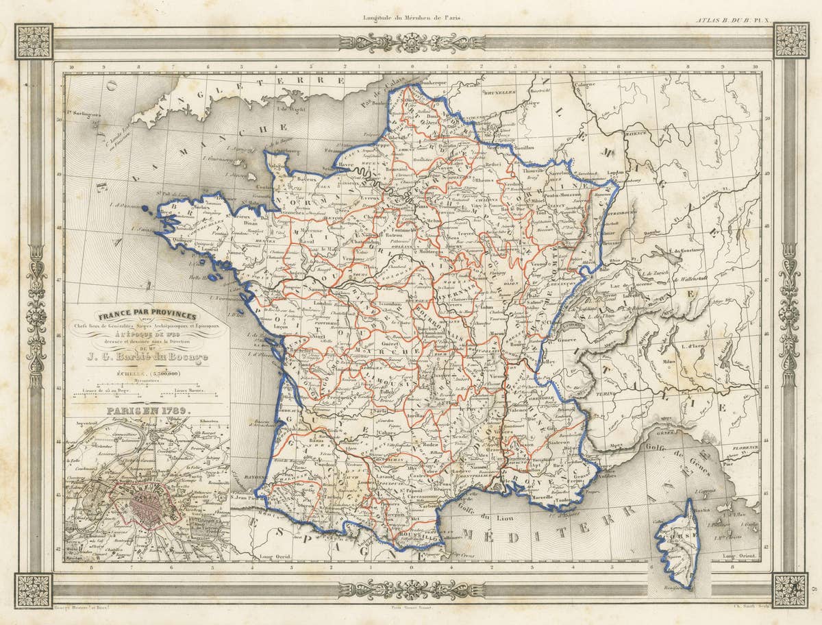 Antique Map of France in Provinces, with Inset of Paris