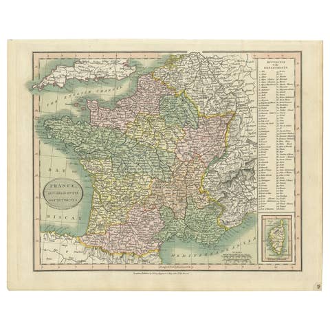 Antique Map of France Showing Post-Napoleonic Departments, 1816