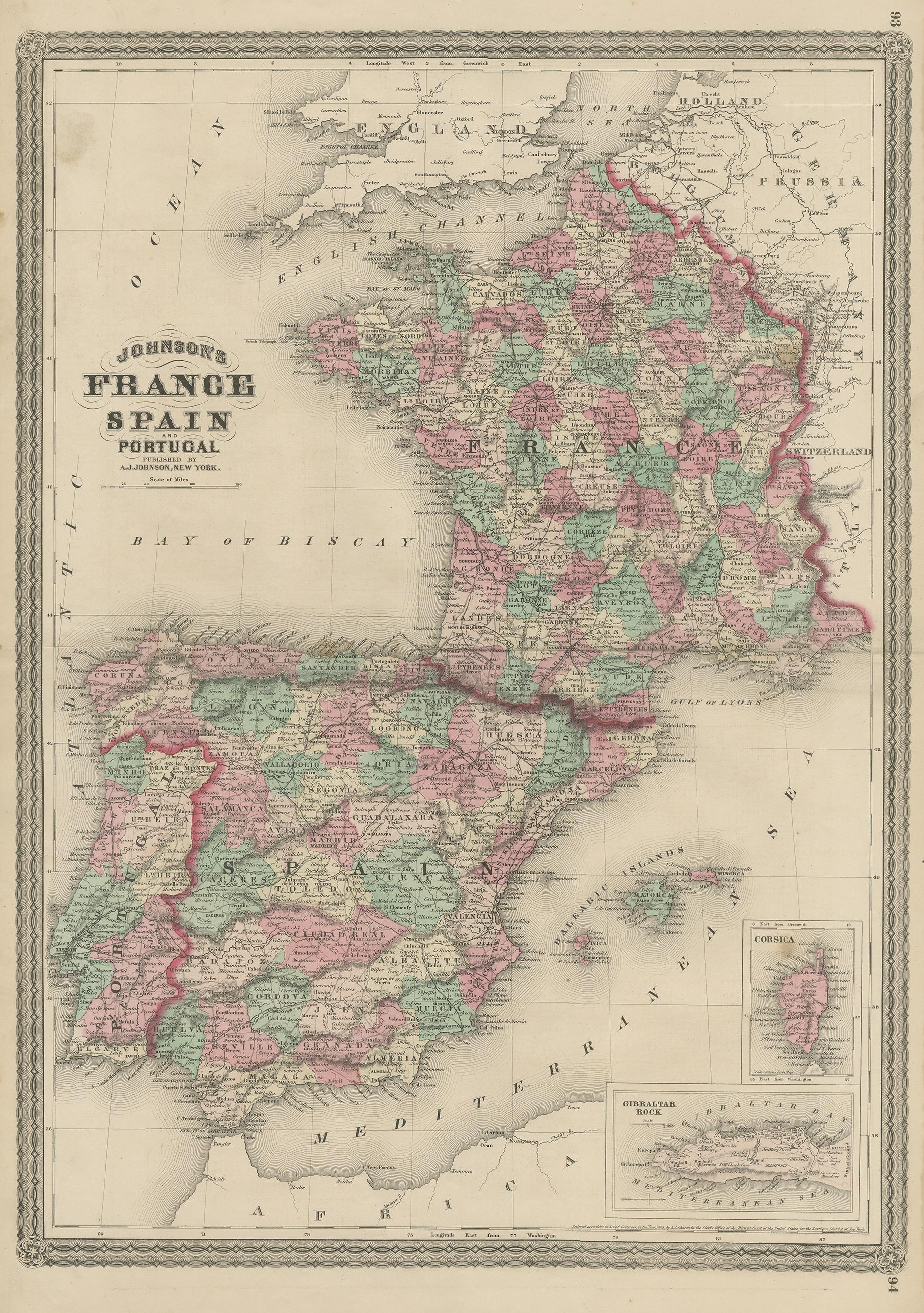 Antique map titled 'Johnson's France (..)'. Original map showing France, Spain and Portugal. With inset maps of Corsica and Gibraltar Rock. This map originates from 'Johnson's New Illustrated Family Atlas of the World' by A.J. Johnson. Published