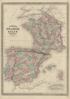 Antique Map of France, Spain and Portugal by Johnson, 1872