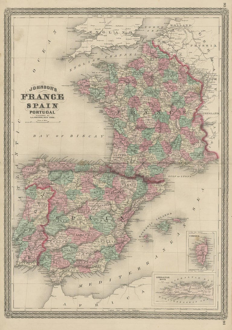 Antique Map of France, Spain and Portugal by Johnson, 1872 For Sale at