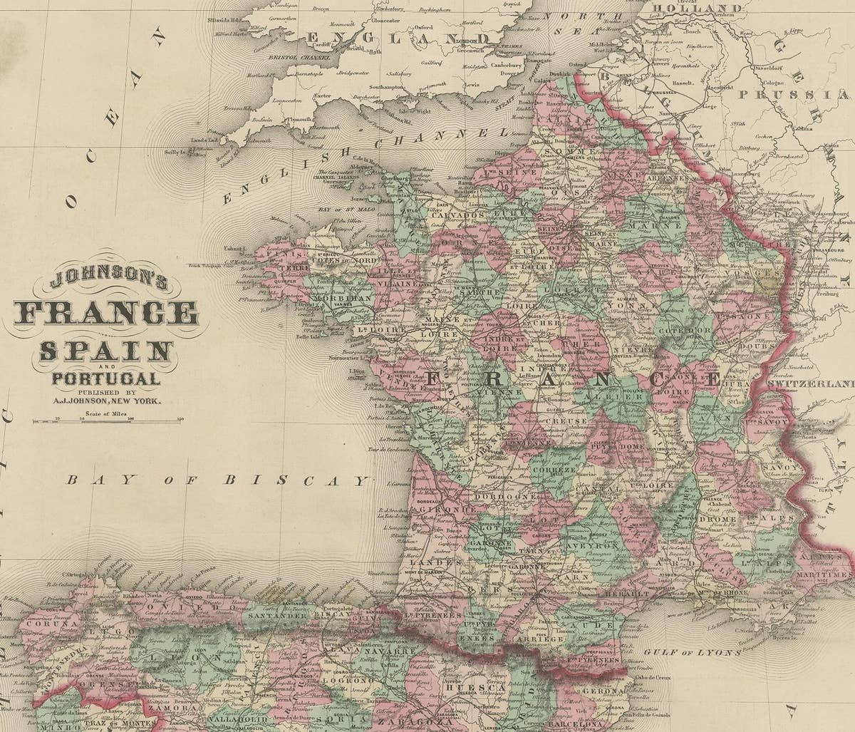 Antique Map of France, Spain and Portugal by Johnson, 1872